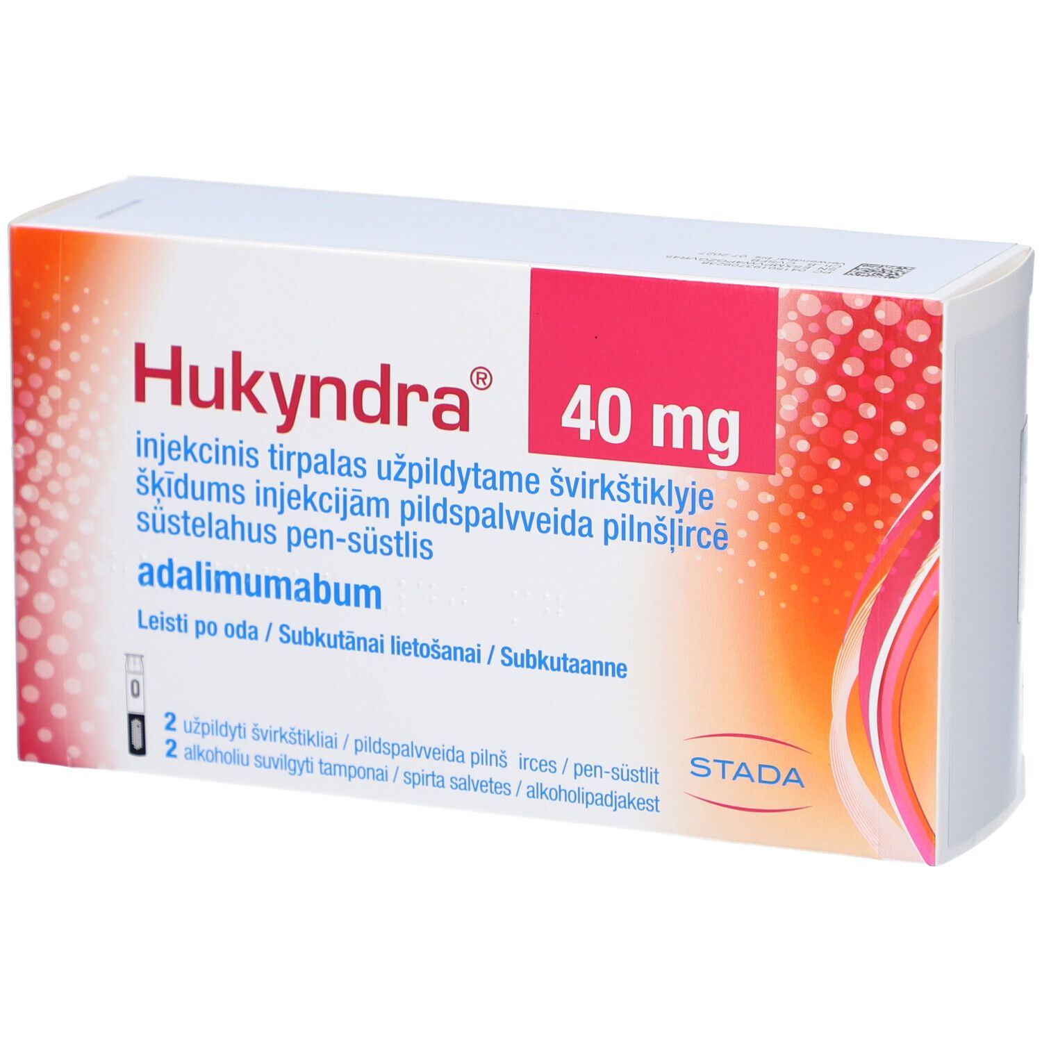 Verpackung von HUKYNDRA 40 mg. Rote und weiße Schachtel mit Produktinformationen und STADA-Logo.