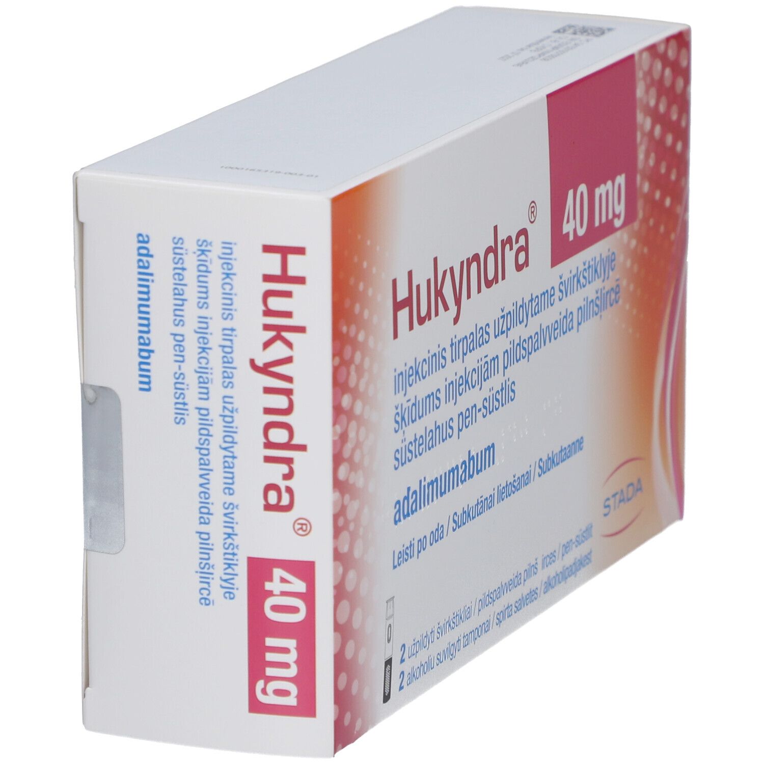 Schachtel HUKYNDRA 40 mg. Weiße und rote Verpackung mit Produktnamen und Informationen. STADA-Logo.