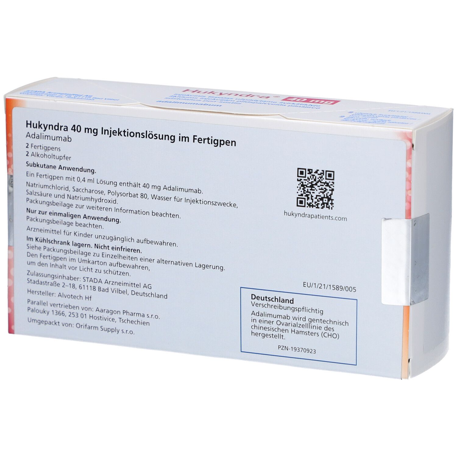 Rückseite der HUKYNDRA 40 mg Verpackung. Enthält Produktinformationen, QR-Code und Herstellerdetails.