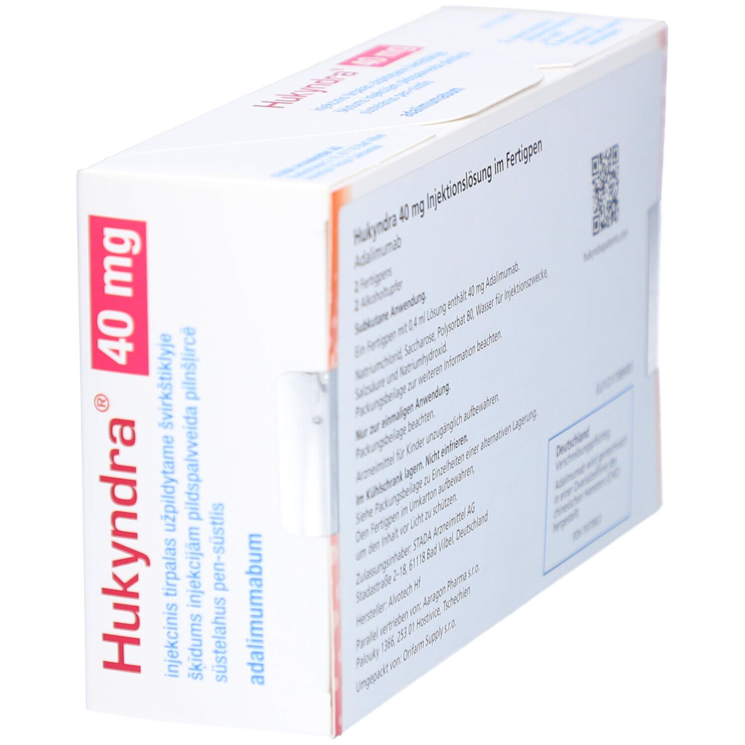 HUKYNDRA 40 mg Verpackung. Weiße und rote Schachtel mit Produktnamen und Informationen.