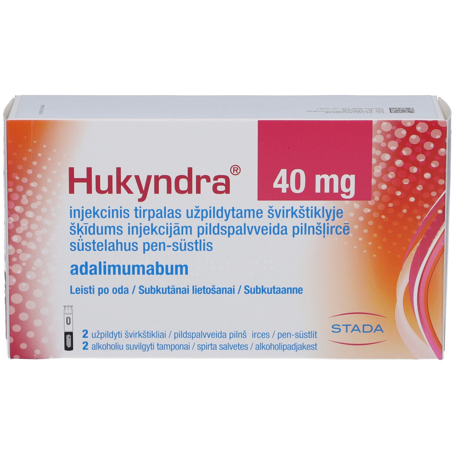 HUKYNDRA 40 mg Verpackung. Weiße und rote Schachtel mit Produktinformationen und STADA-Logo.