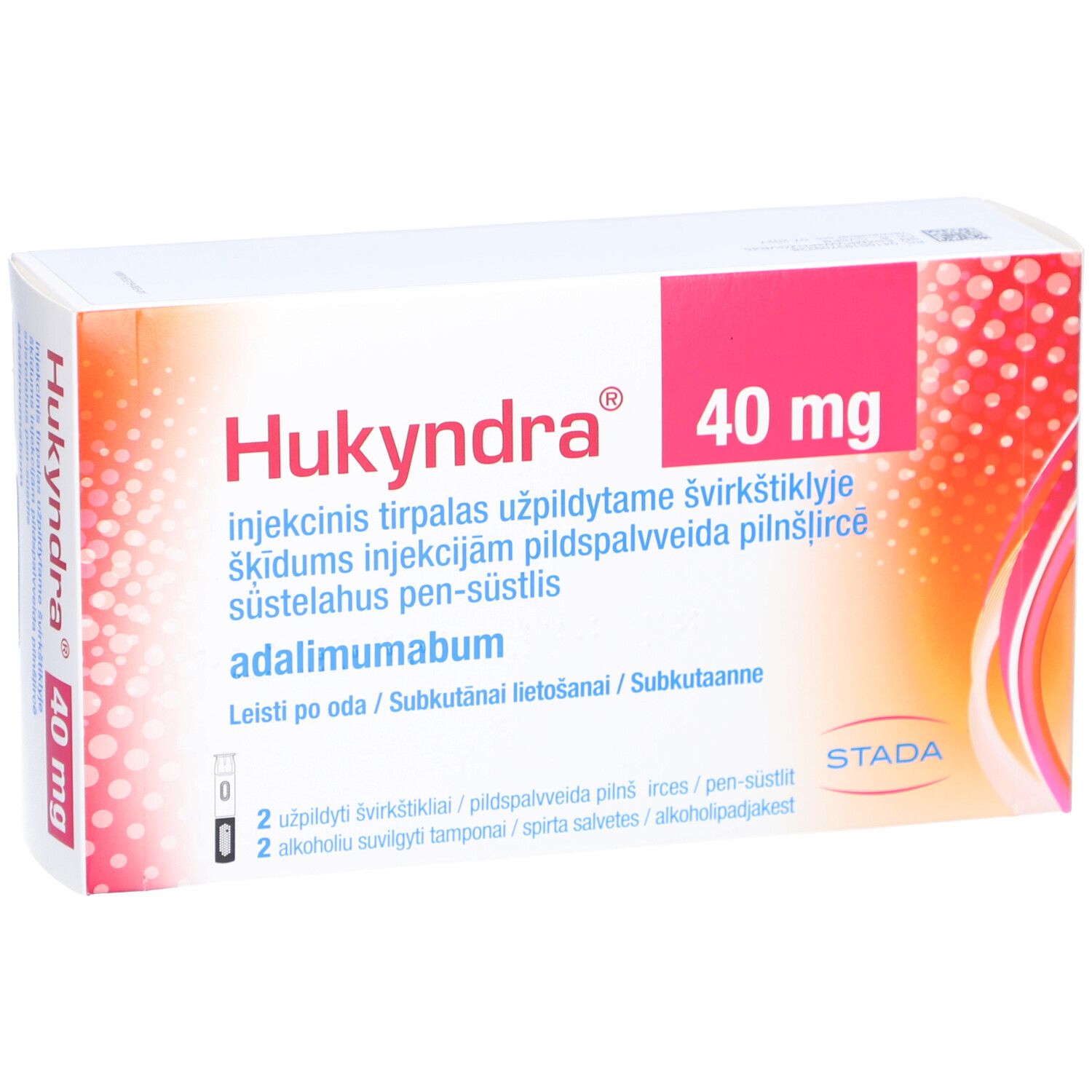 HUKYNDRA 40 mg Verpackung. Weiße und rote Schachtel mit Produktinformationen und STADA-Logo.