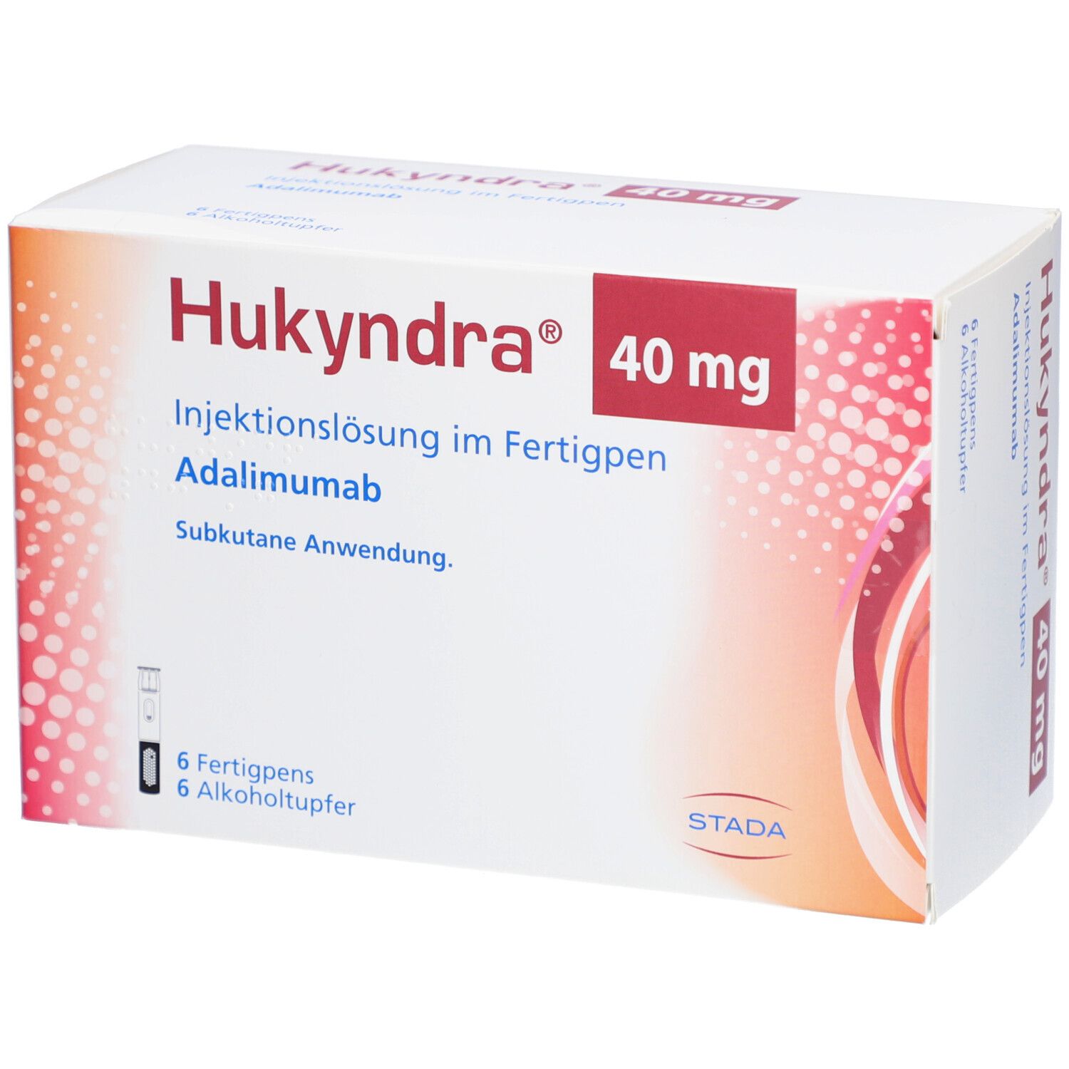 Verpackung von Hukyndra 40 mg. Enthält 6 Fertigpens und Alkoholtupfer. Aufschrift: Injektionslösung im Fertigpen, Adalimumab.