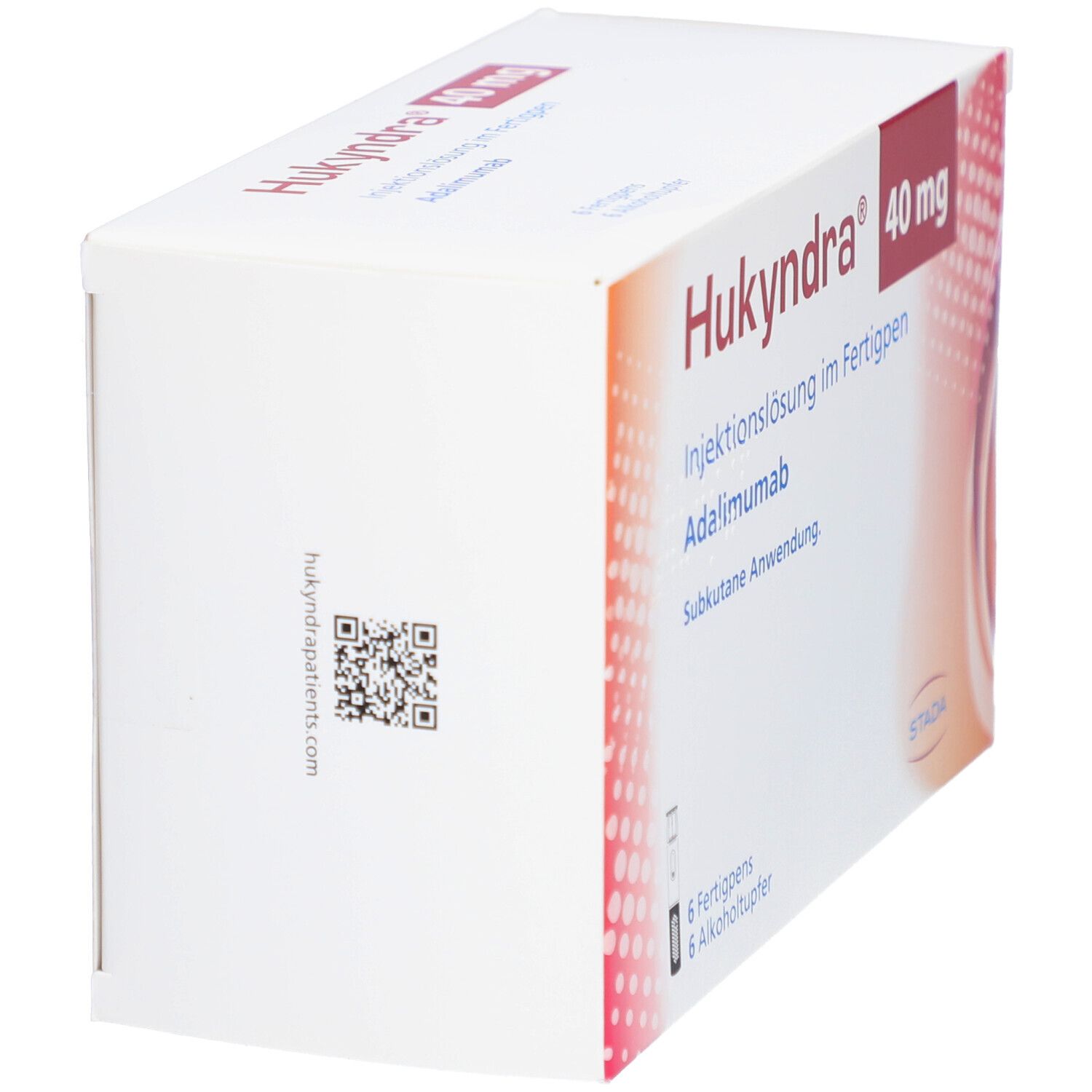 Verpackung von Hukyndra 40 mg. Weiße Schachtel mit Text und QR-Code. Aufschrift: Injektionslösung im Fertigpen, Adalimumab.