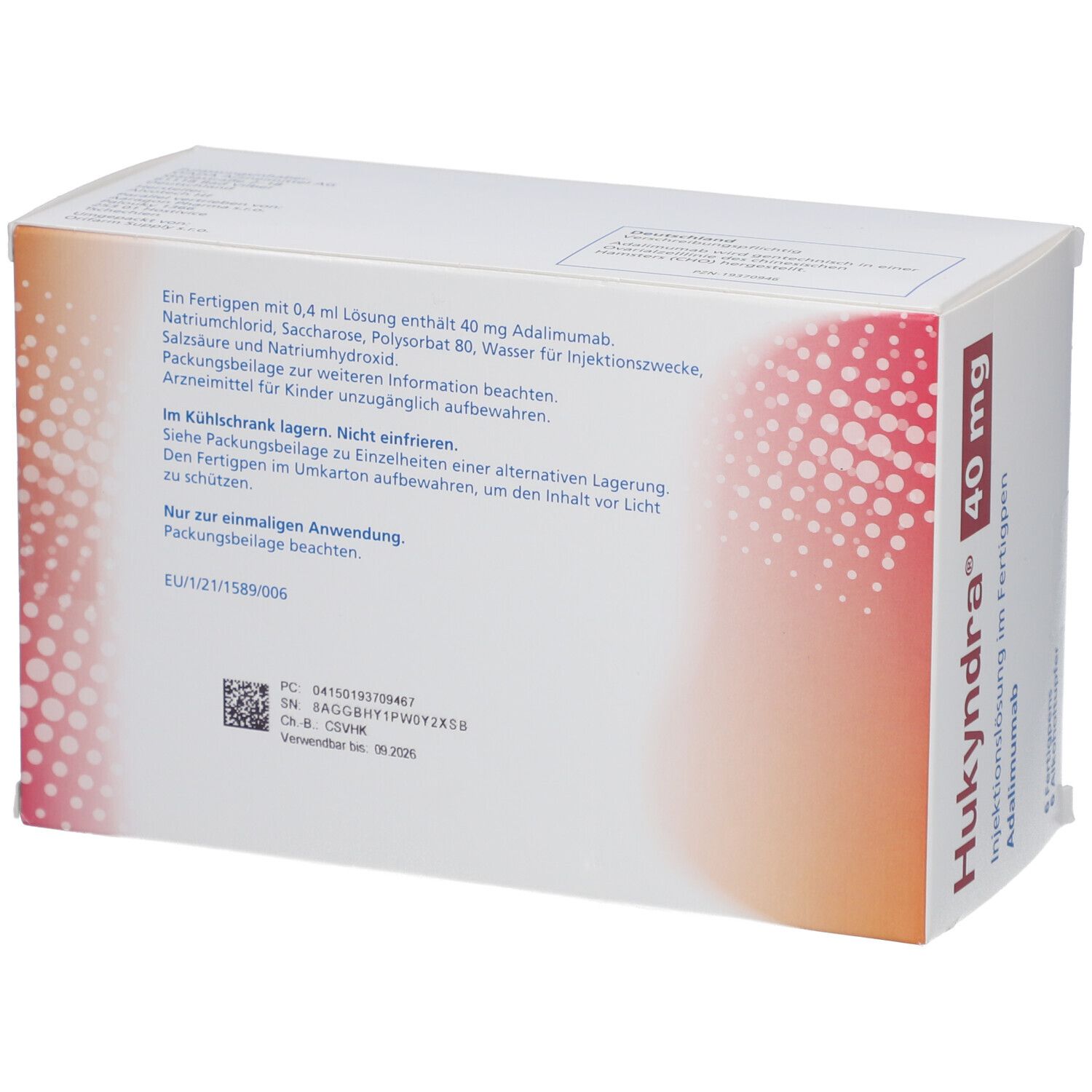 Rückseite der Hukyndra 40 mg Verpackung. Enthält Informationen zur Anwendung und Lagerung. Mit QR-Code und Chargennummer.