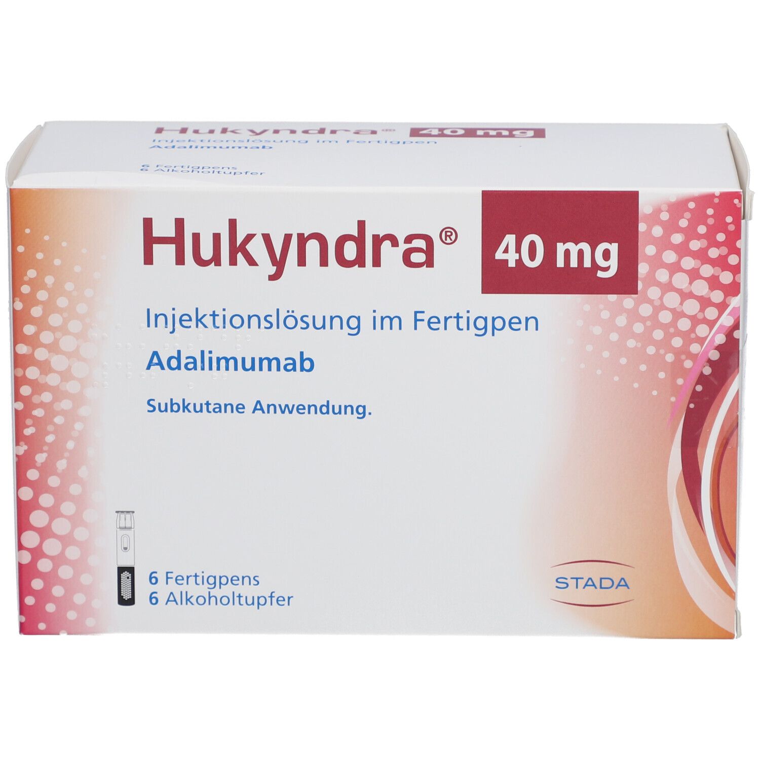 Verpackung von Hukyndra 40 mg. Enthält 6 Fertigpens und Alkoholtupfer. Aufschrift: Injektionslösung im Fertigpen, Adalimumab.