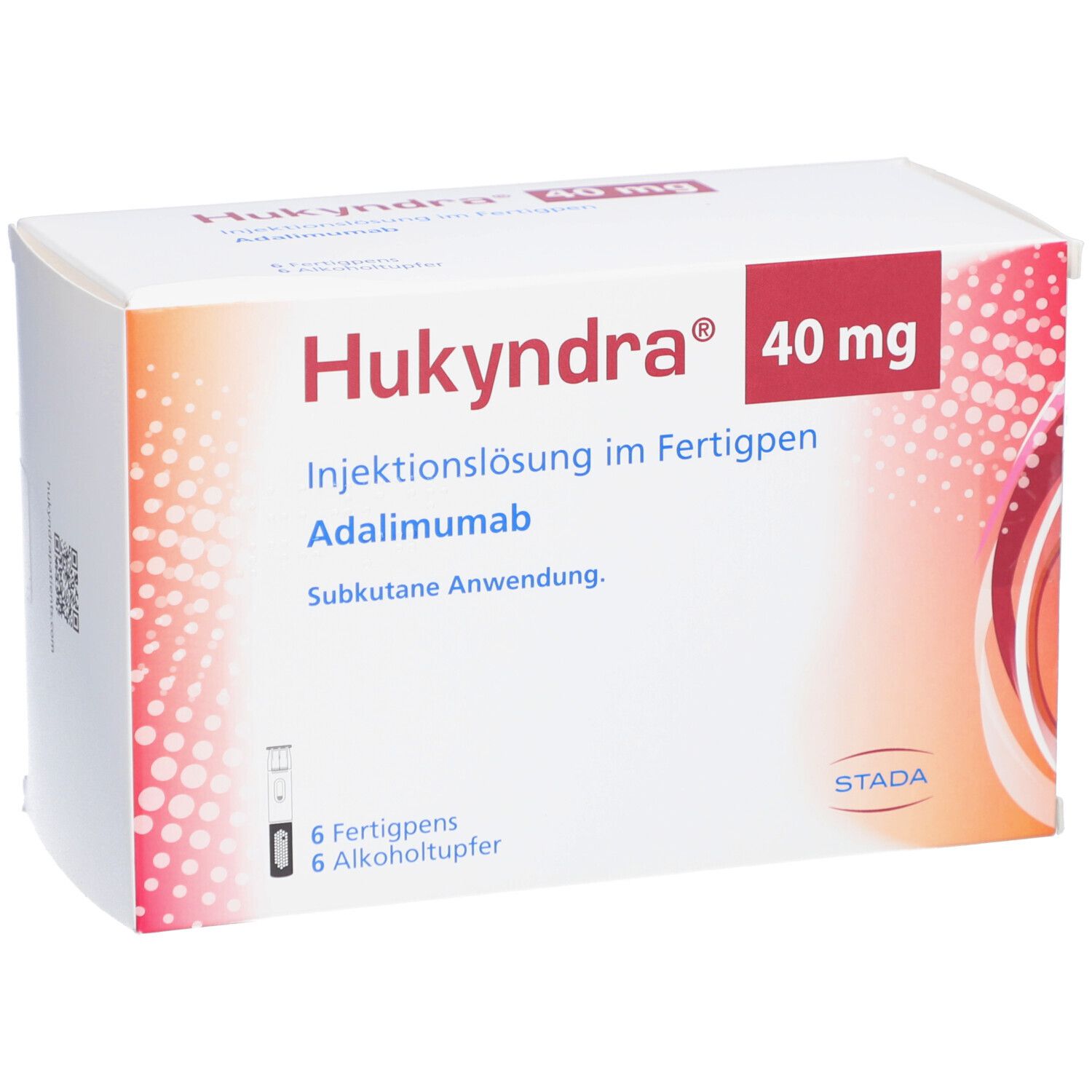 Verpackung von Hukyndra 40 mg. Enthält 6 Fertigpens und Alkoholtupfer. Aufschrift: Injektionslösung im Fertigpen, Adalimumab.