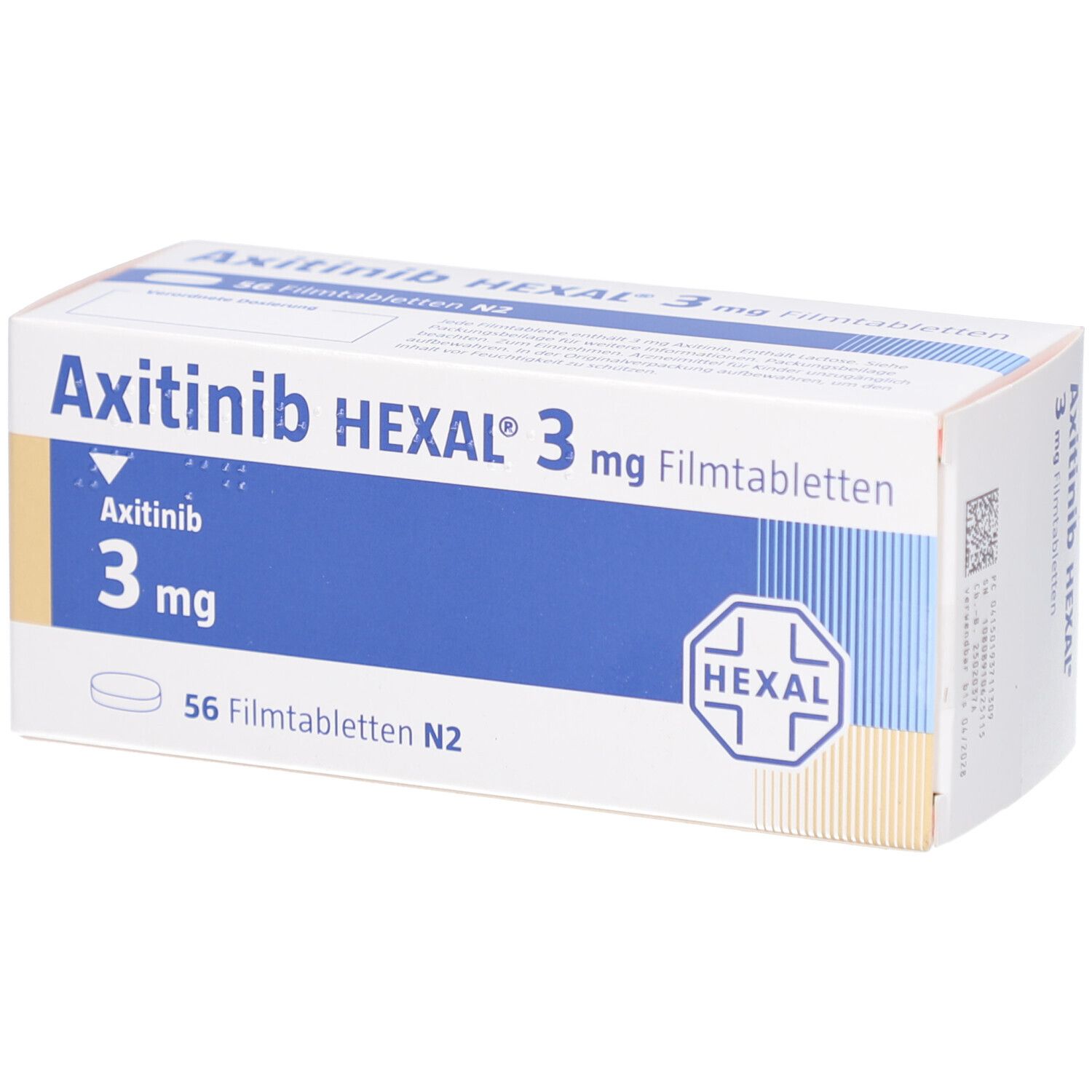 Schachtel mit AXITINIB HEXAL 3 mg Filmtabletten. Aufschrift: 3 mg, 56 Filmtabletten N2. HEXAL Logo.