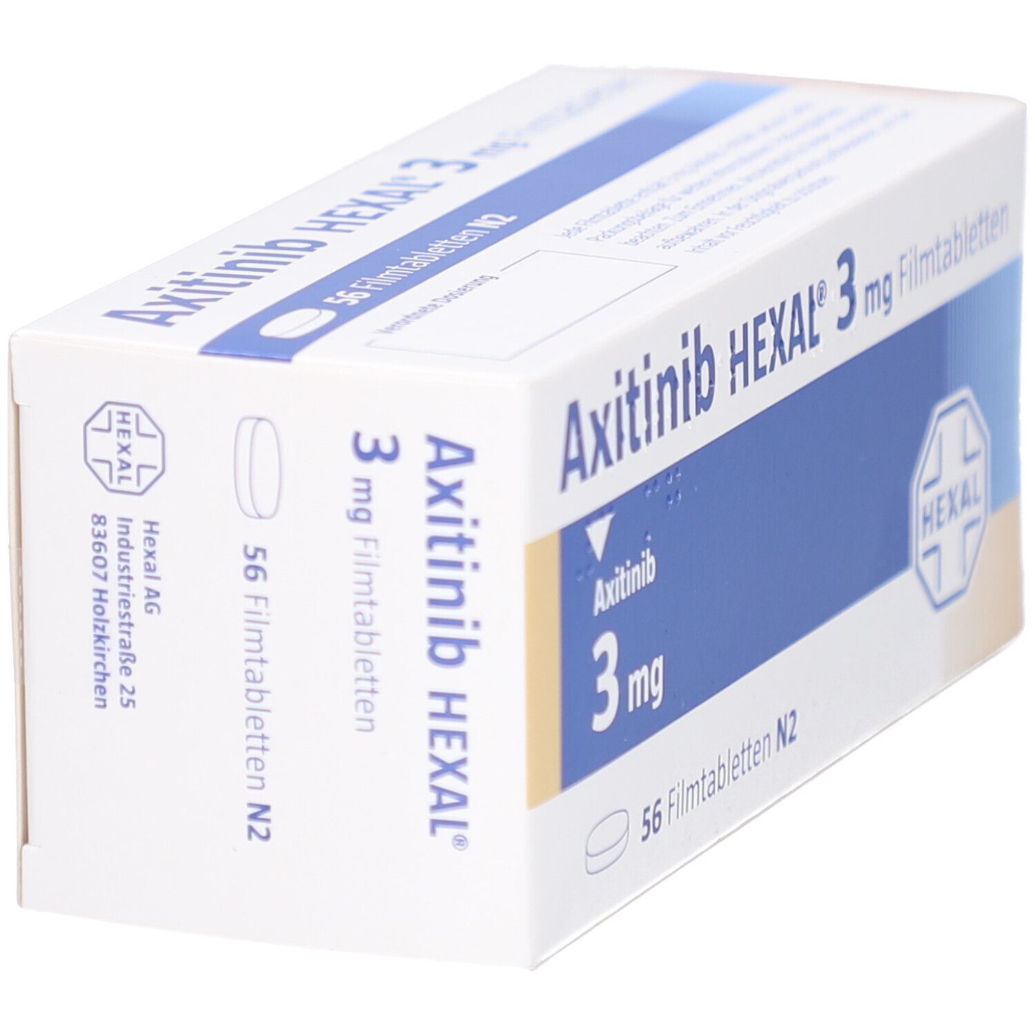 Schachtel mit AXITINIB HEXAL 3 mg Filmtabletten. Aufschrift: 3 mg, 56 Filmtabletten N2. HEXAL Logo. Seitenansicht.