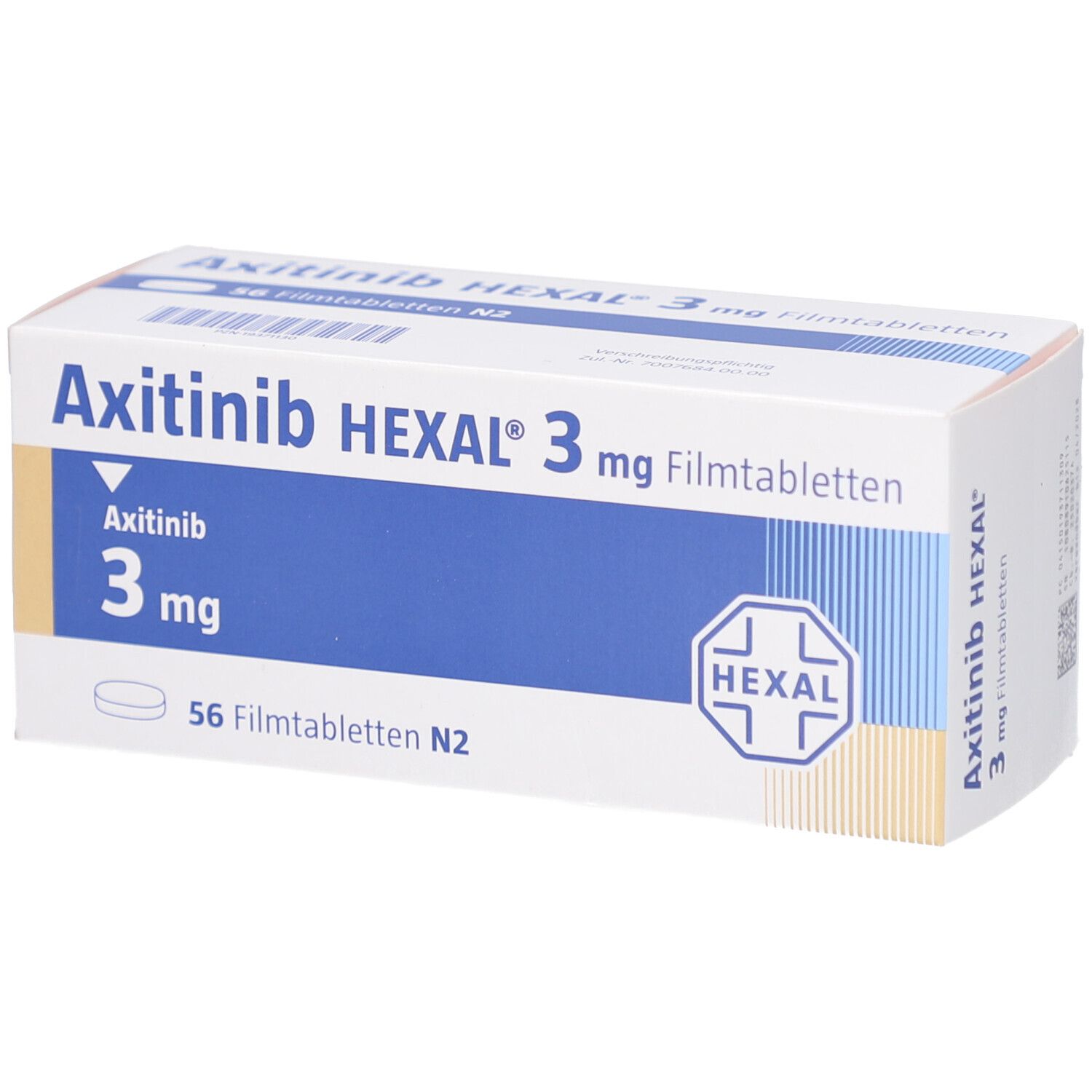 Schachtel mit AXITINIB HEXAL 3 mg Filmtabletten. Aufschrift: 3 mg, 56 Filmtabletten N2. HEXAL Logo.