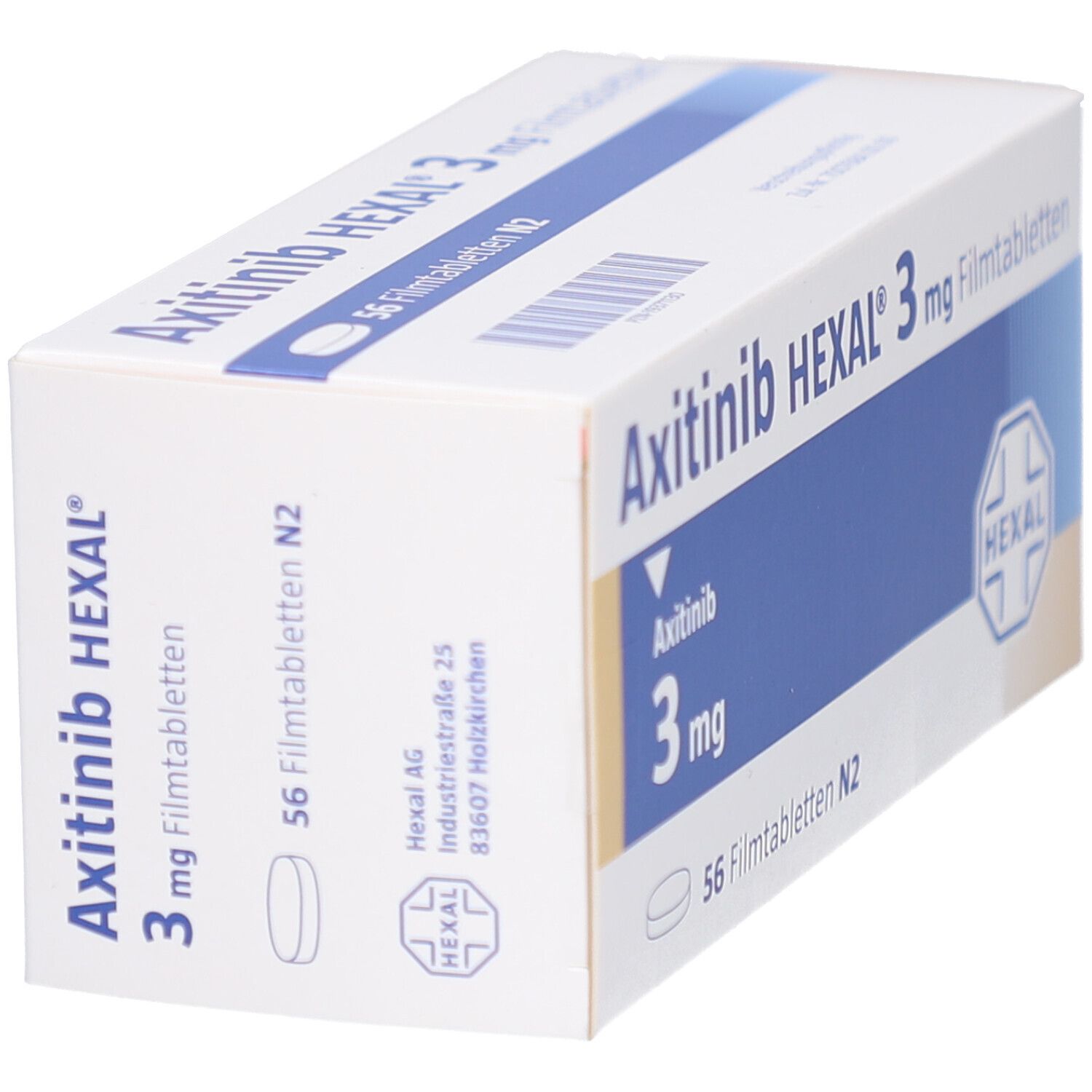 Schachtel mit AXITINIB HEXAL 3 mg Filmtabletten. Aufschrift: 3 mg, 56 Filmtabletten N2. HEXAL Logo. Schräge Ansicht.