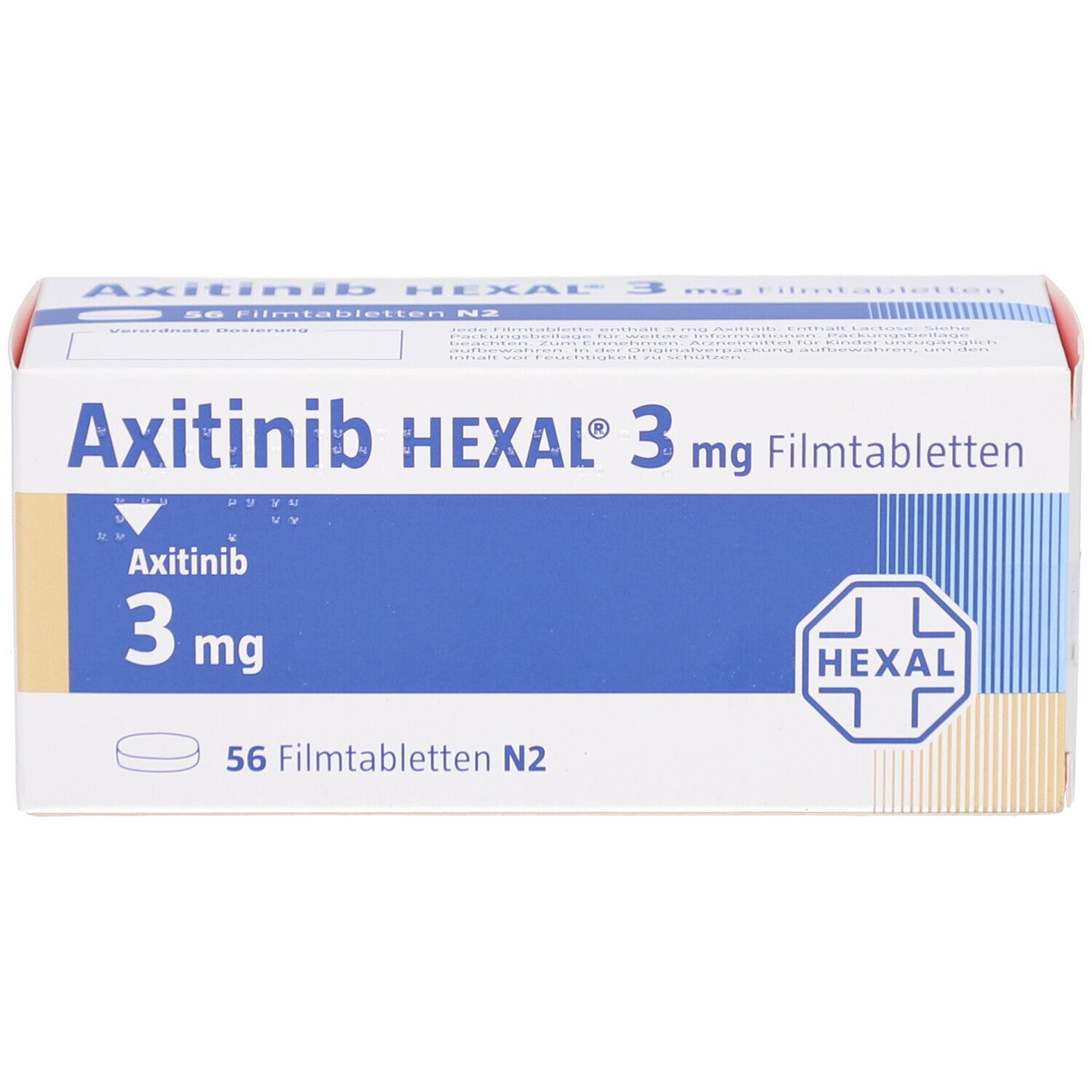 Schachtel mit AXITINIB HEXAL 3 mg Filmtabletten. Aufschrift: 3 mg, 56 Filmtabletten N2. HEXAL Logo.