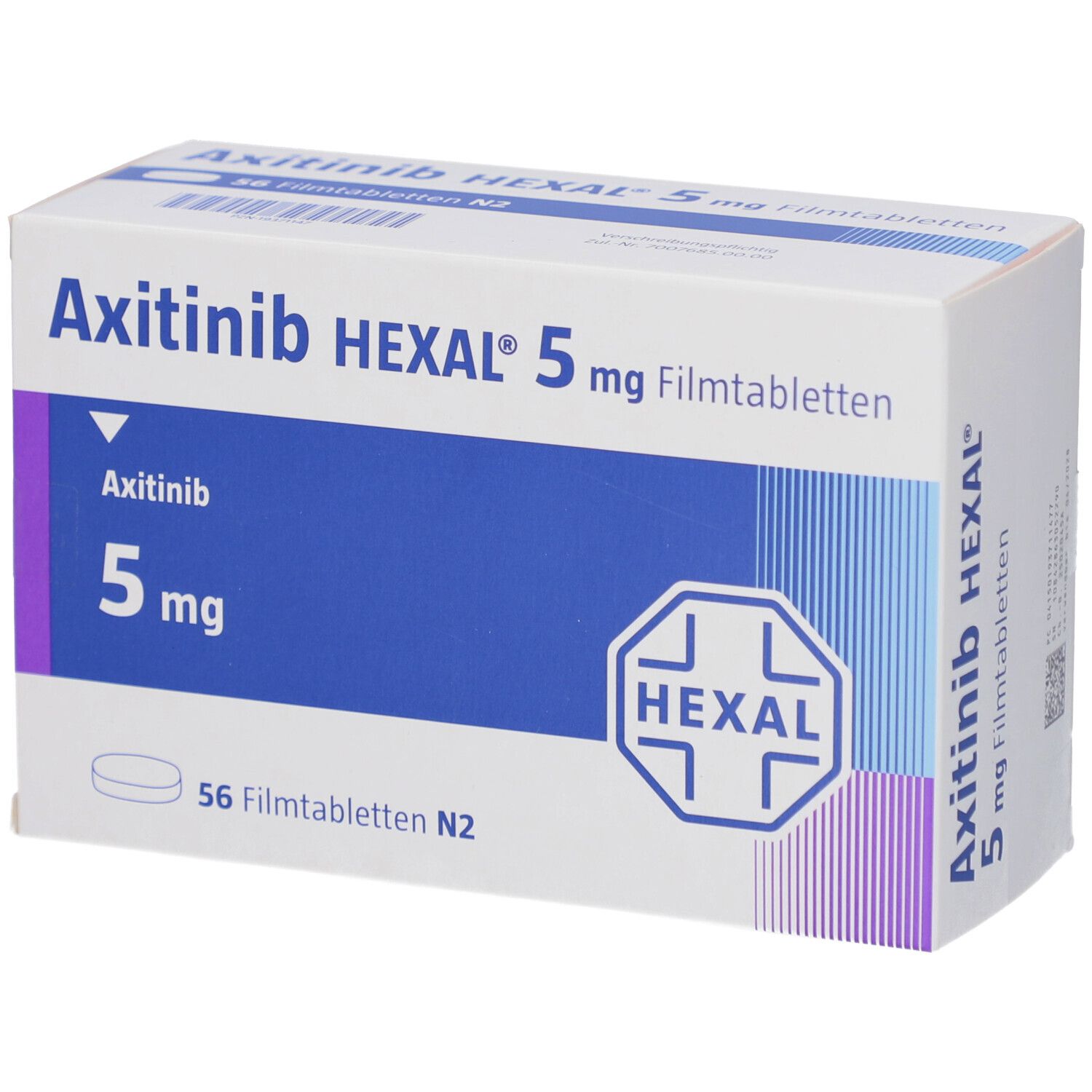 Schachtel mit AXITINIB HEXAL 5 mg Filmtabletten. Blaue und weiße Verpackung mit Produktnamen und Logo.