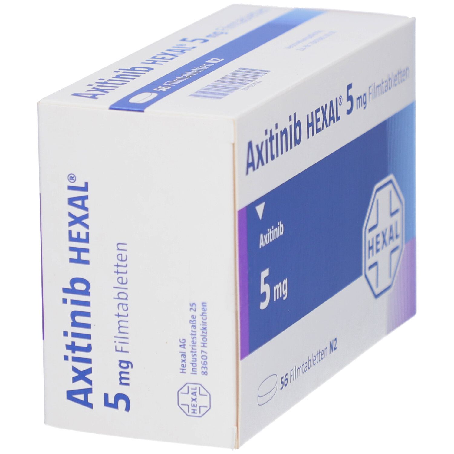 Schachtel mit AXITINIB HEXAL 5 mg Filmtabletten. Verpackung schräg von oben. Produktname und Logo sichtbar.