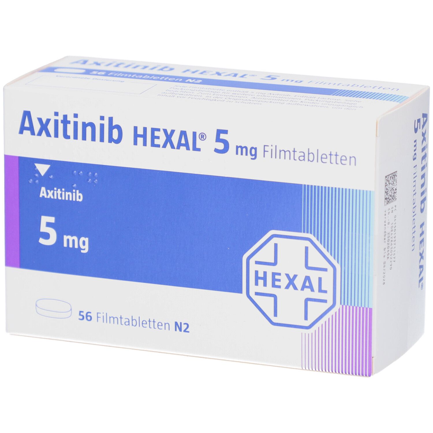 Schachtel mit AXITINIB HEXAL 5 mg Filmtabletten. Blaue und weiße Verpackung mit Produktnamen und Logo.