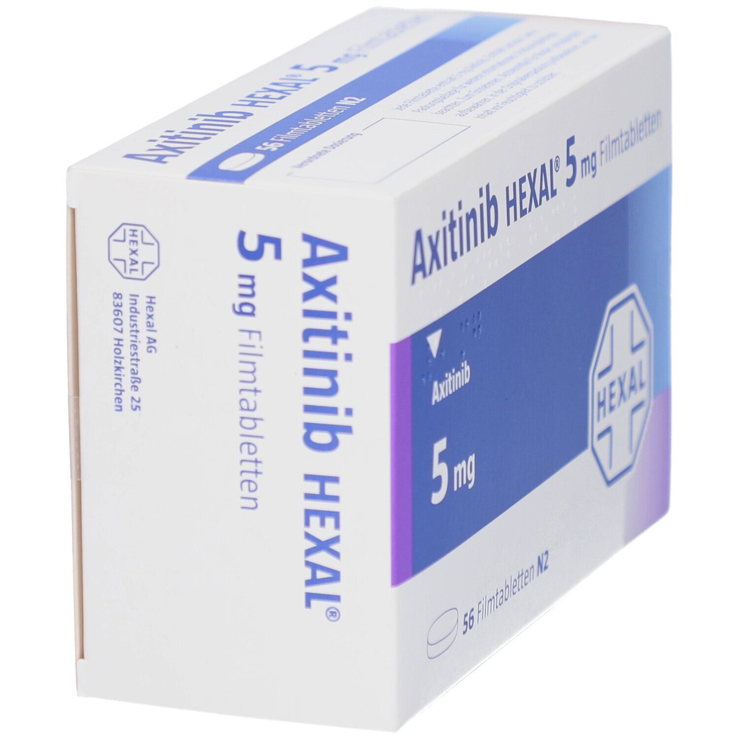 Schachtel mit AXITINIB HEXAL 5 mg Filmtabletten. Verpackung schräg von oben. Produktname und Logo sichtbar.