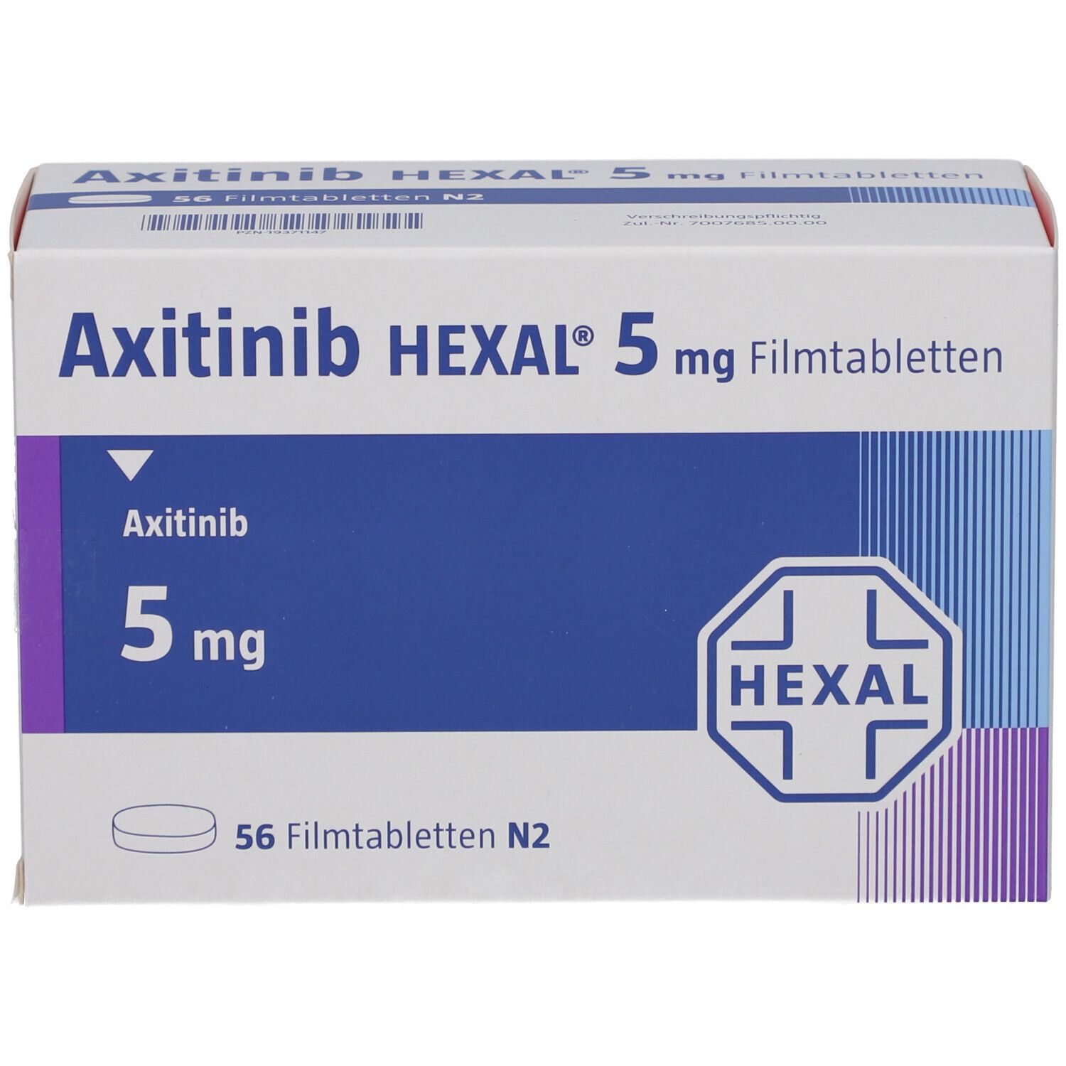 Schachtel mit AXITINIB HEXAL 5 mg Filmtabletten. Blaue und weiße Verpackung mit Produktnamen und Logo.