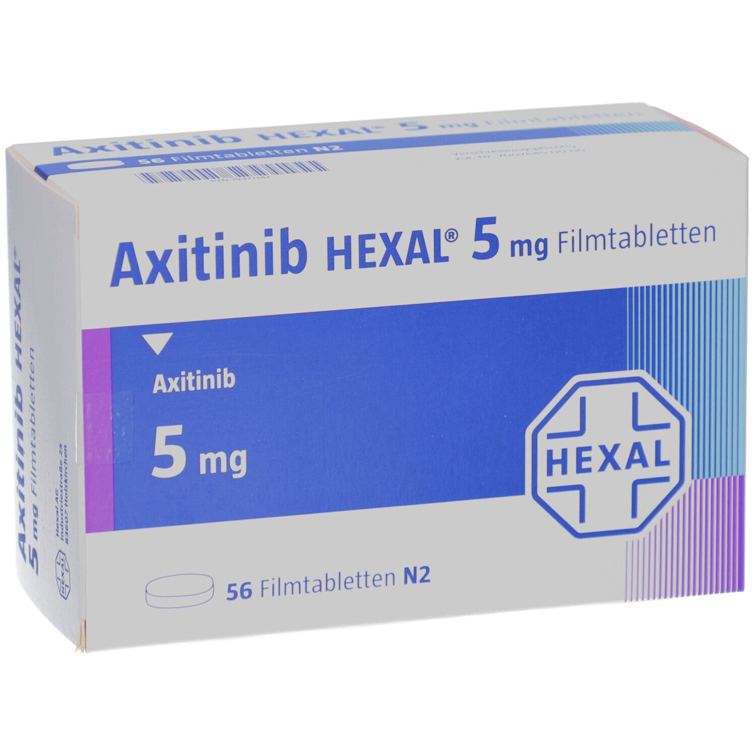 Schachtel mit AXITINIB HEXAL 5 mg Filmtabletten. Blaue und weiße Verpackung mit Produktnamen und Logo.