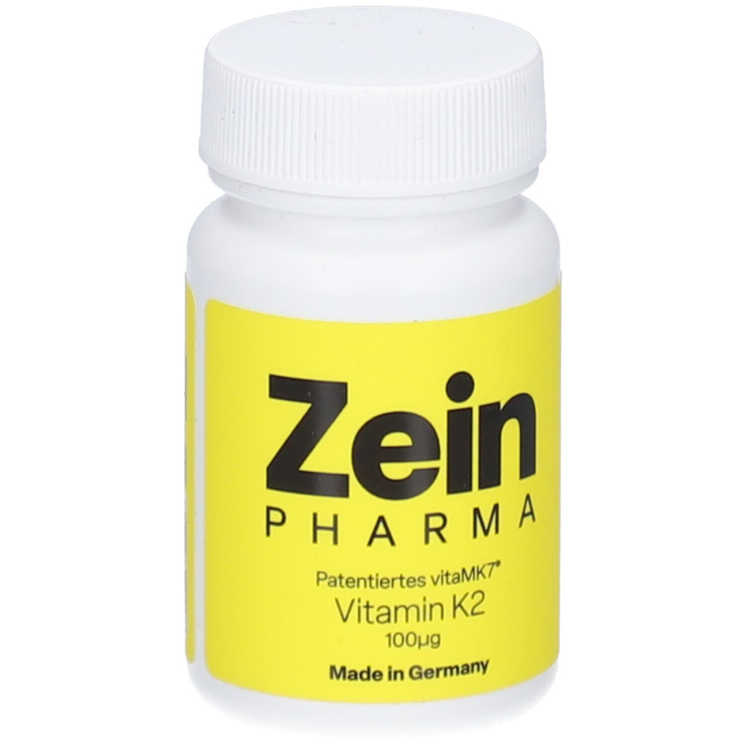 Weiße Flasche mit gelbem Etikett. Aufschrift: Zein Pharma, Vitamin K2 100µg, Made in Germany.