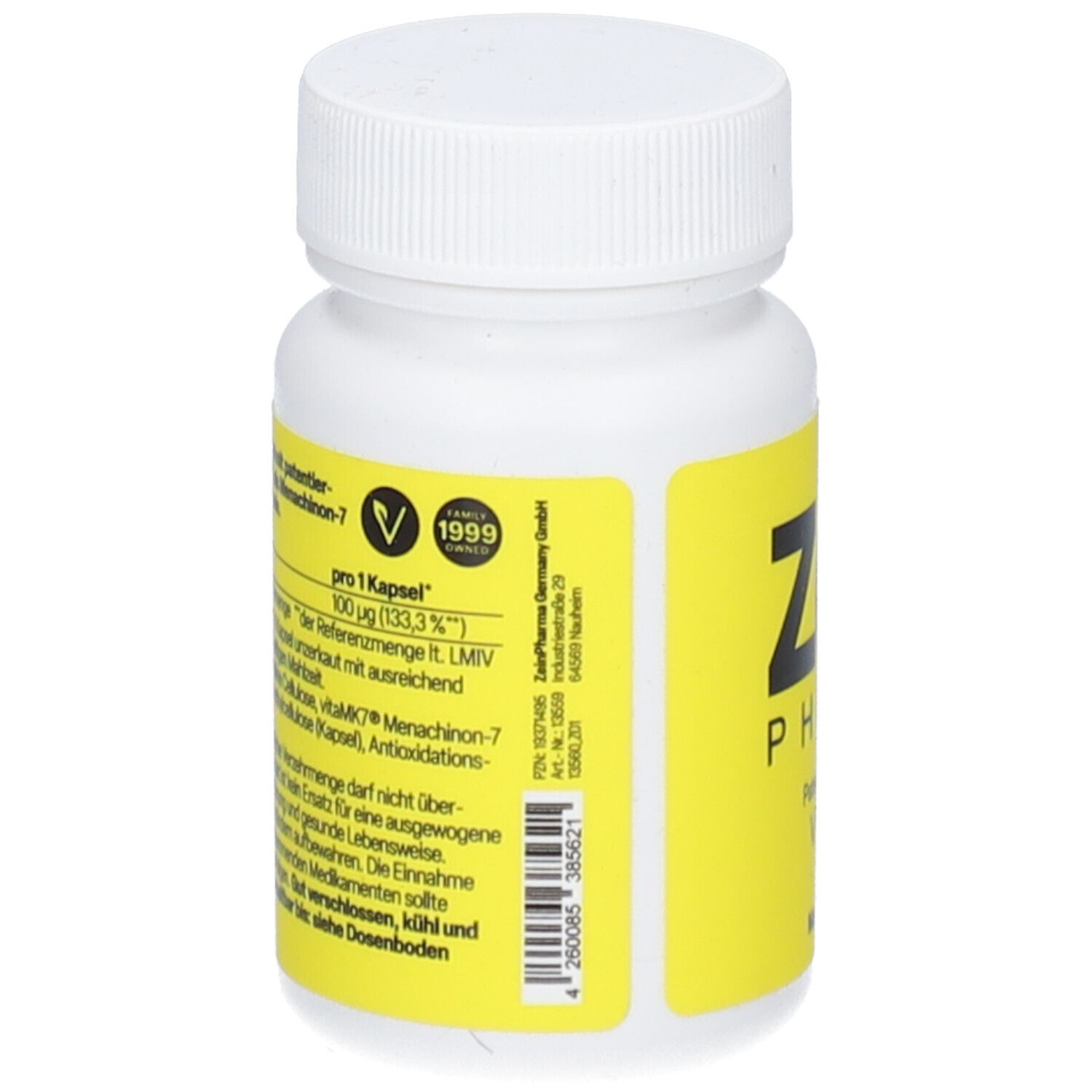 Weiße Flasche mit gelbem Etikett. Aufschrift: Zein Pharma. Rückseite mit Inhaltsangaben und Zertifizierung.