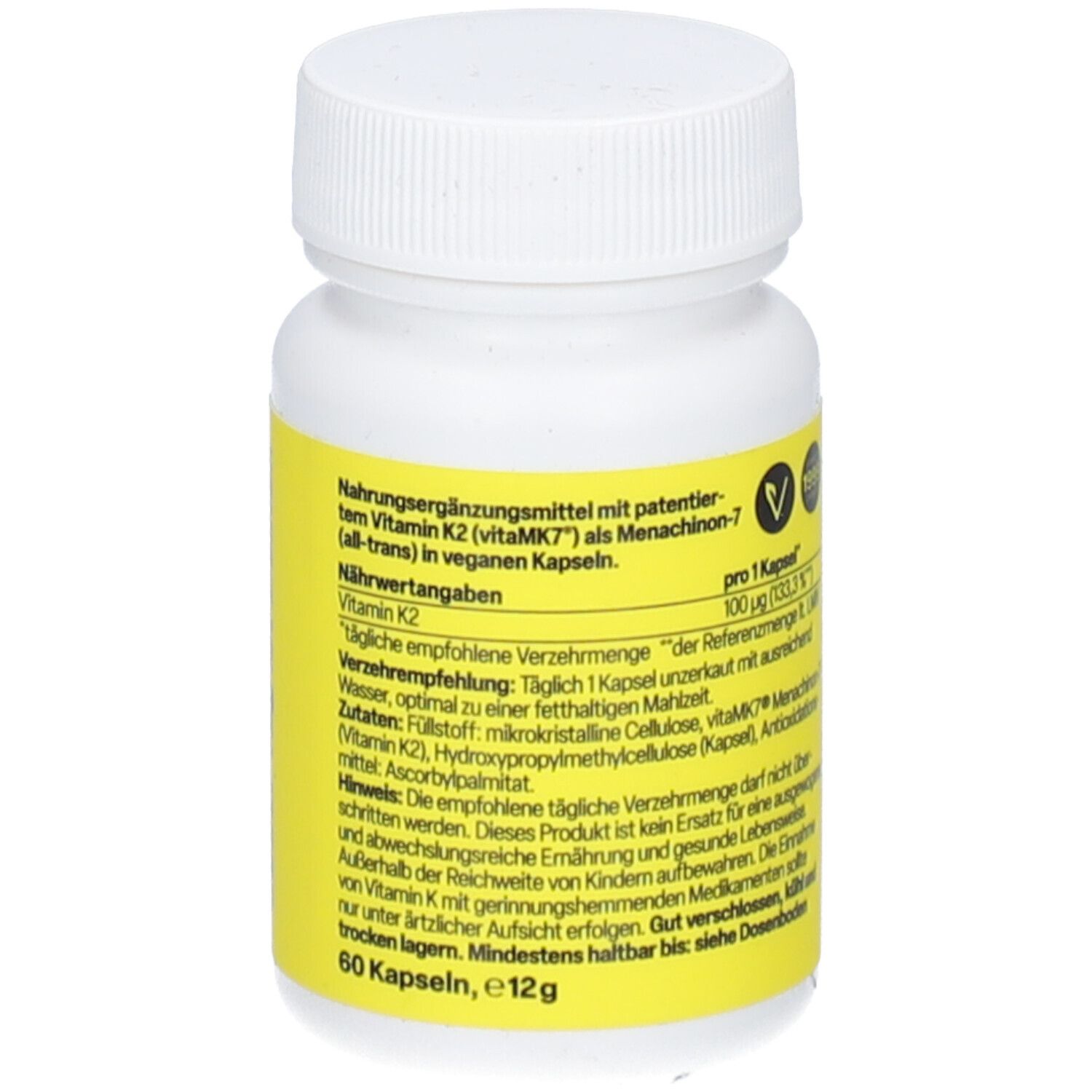 Weiße Flasche mit gelbem Etikett. Aufschrift: Zein Pharma. Enthält 60 Kapseln, 12g.