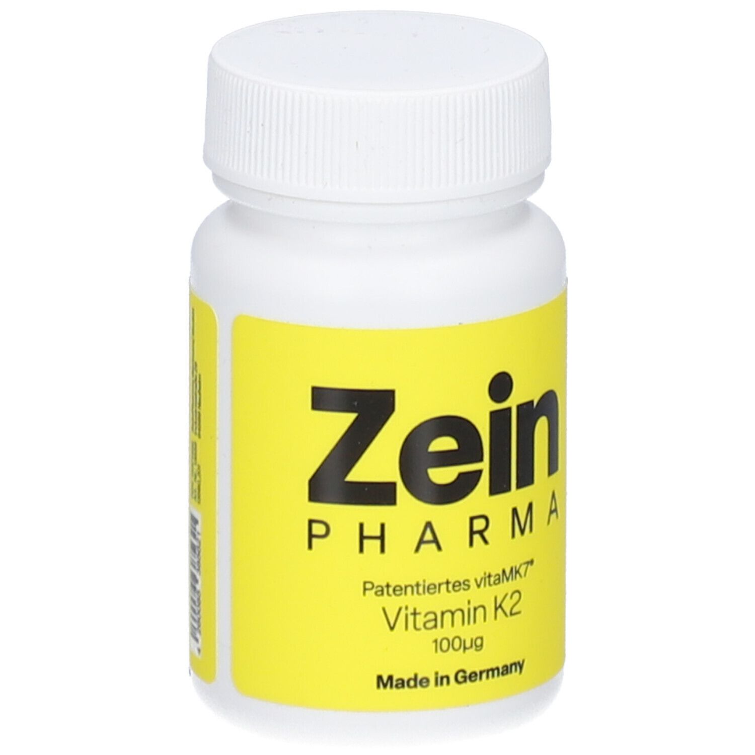 Weiße Flasche mit gelbem Etikett. Aufschrift: Zein Pharma, Vitamin K2 100µg, Made in Germany.