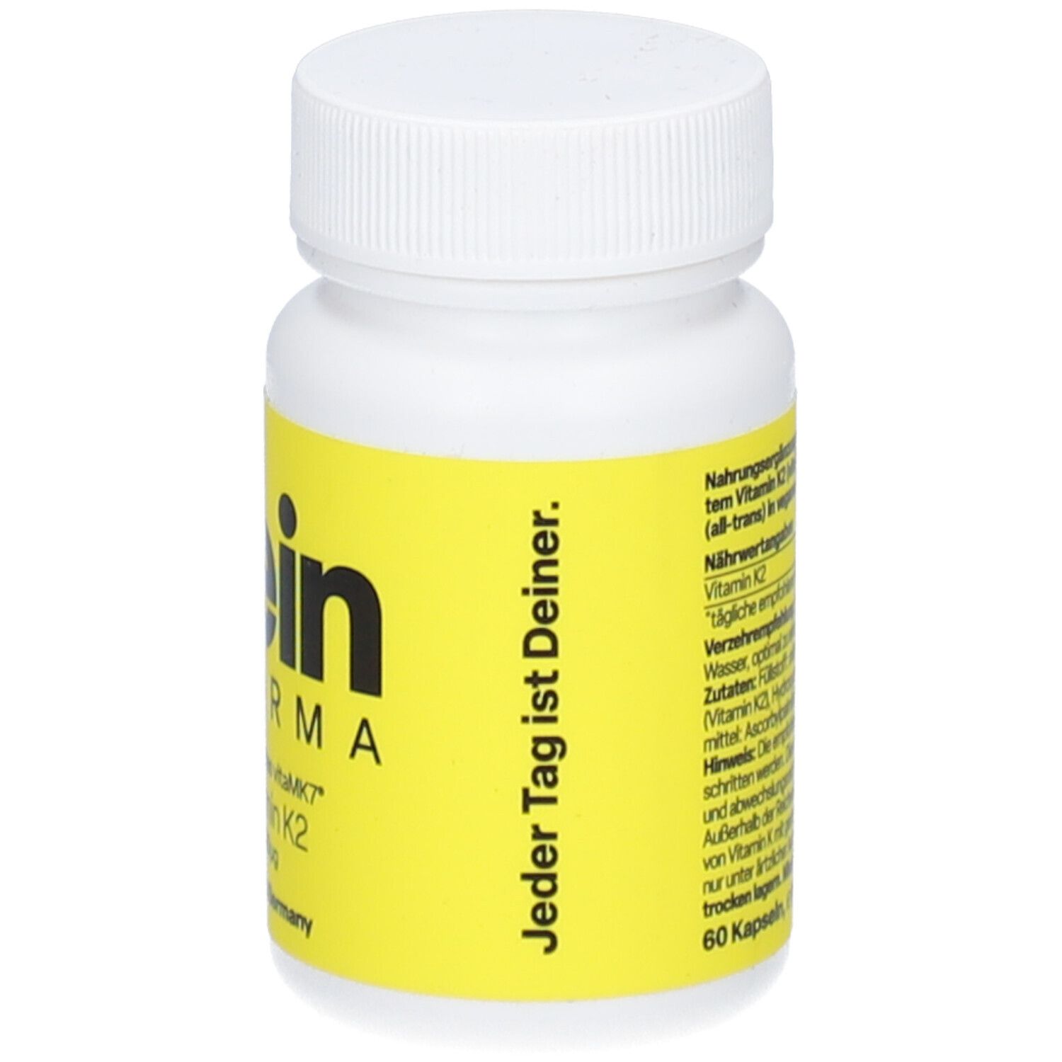 Weiße Flasche mit gelbem Etikett. Aufschrift: Zein Pharma. Text: Jeder Tag ist Deiner. Enthält 60 Kapseln.