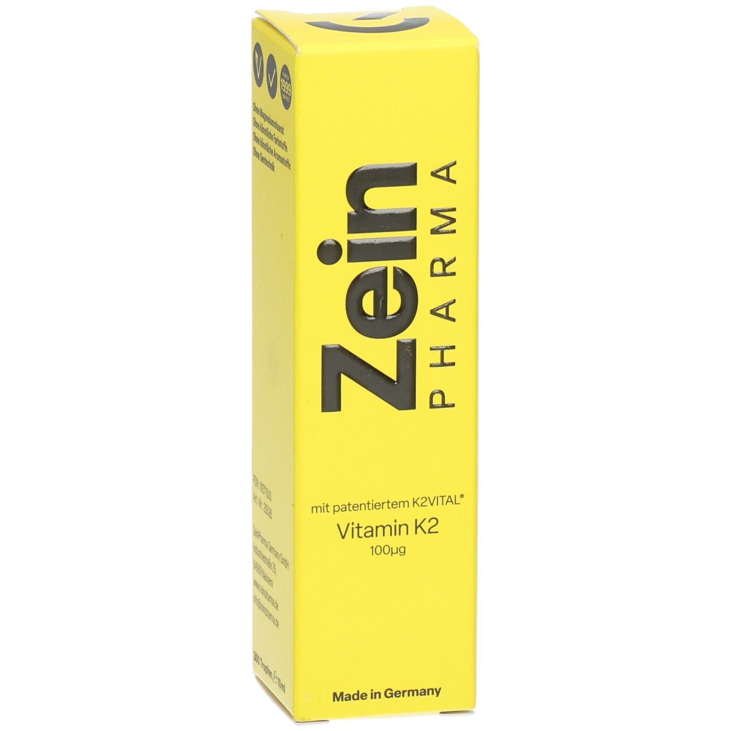 Gelbe Schachtel mit schwarzem Zein Pharma Logo und Text. Enthält Vitamin K2 100µg. Mit Qualitätszeichen.