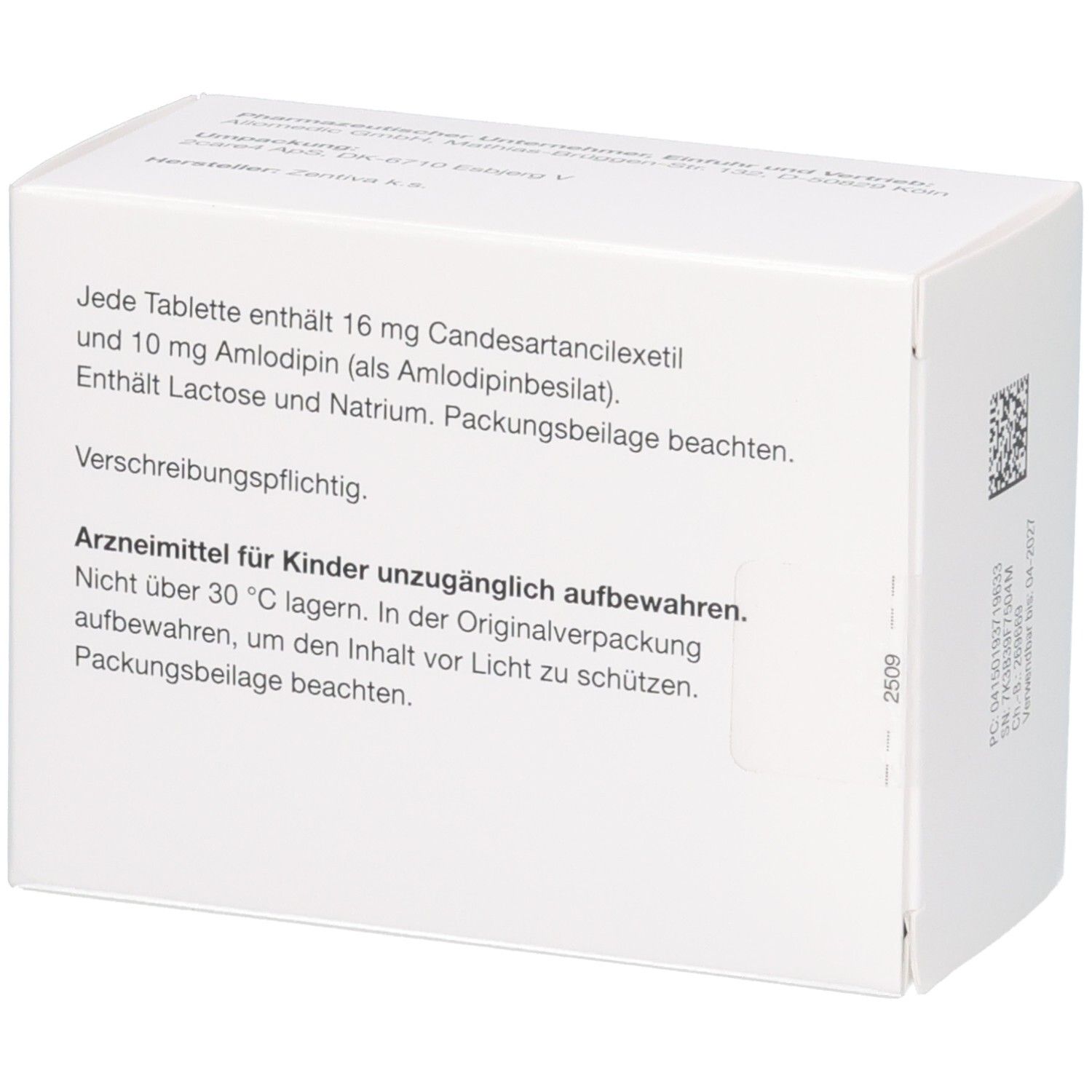 Rückseite der CARAMLO 16 mg/10 mg Tabletten Packung mit Dosierungsinformationen.