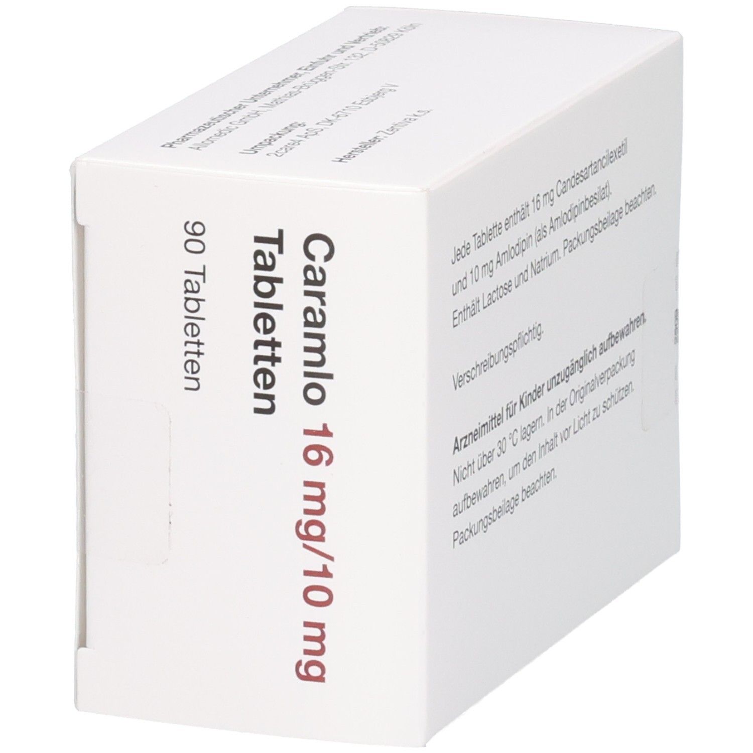 Seitenansicht der CARAMLO 16 mg/10 mg Tabletten Packung, 90 Tabletten.