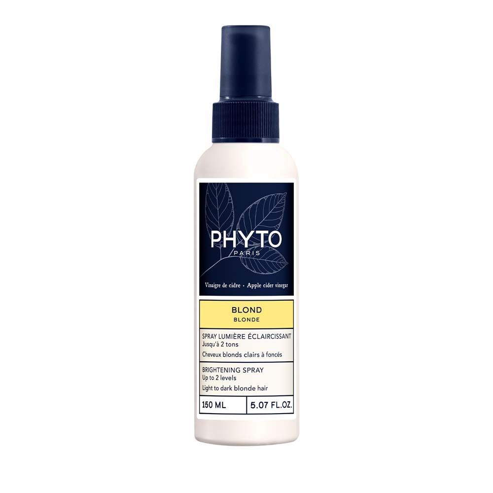 PHYTO PARIS Blond Aufhellungsspray. Weiße Flasche mit blauem Sprühkopf. Produktetikett mit Logo und Text.