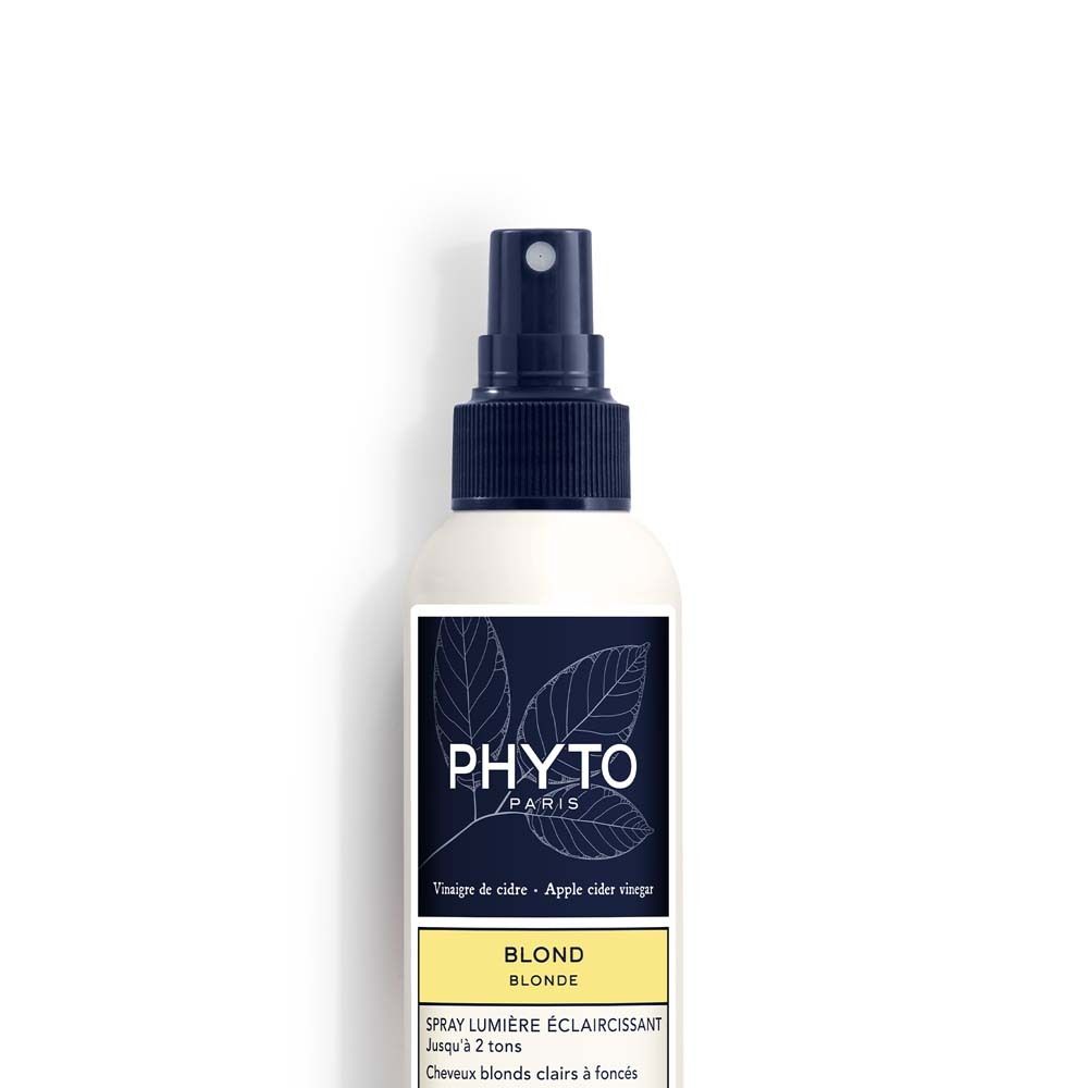 Weißes Spray mit blauem Sprühkopf. Aufschrift PHYTO PARIS, darunter BLOND. Enthält Apfelessig. 150 ml.