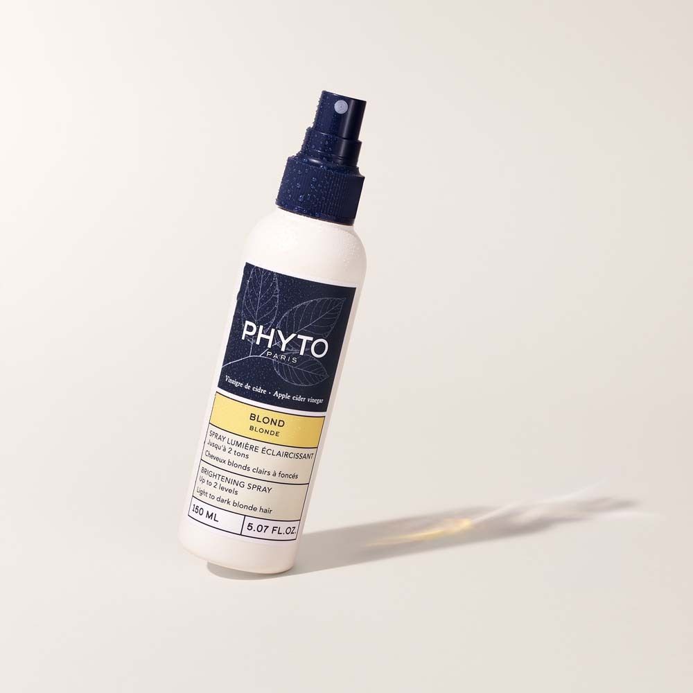 Weißes Spray mit blauem Sprühkopf. Aufschrift PHYTO PARIS, darunter BLOND. Enthält Apfelessig. 150 ml.