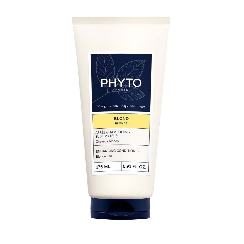 Creme-farbene Tube mit blauem Deckel. Aufschrift: PHYTO PARIS, BLOND, Enhancing Conditioner. Volumen: 175 ml.