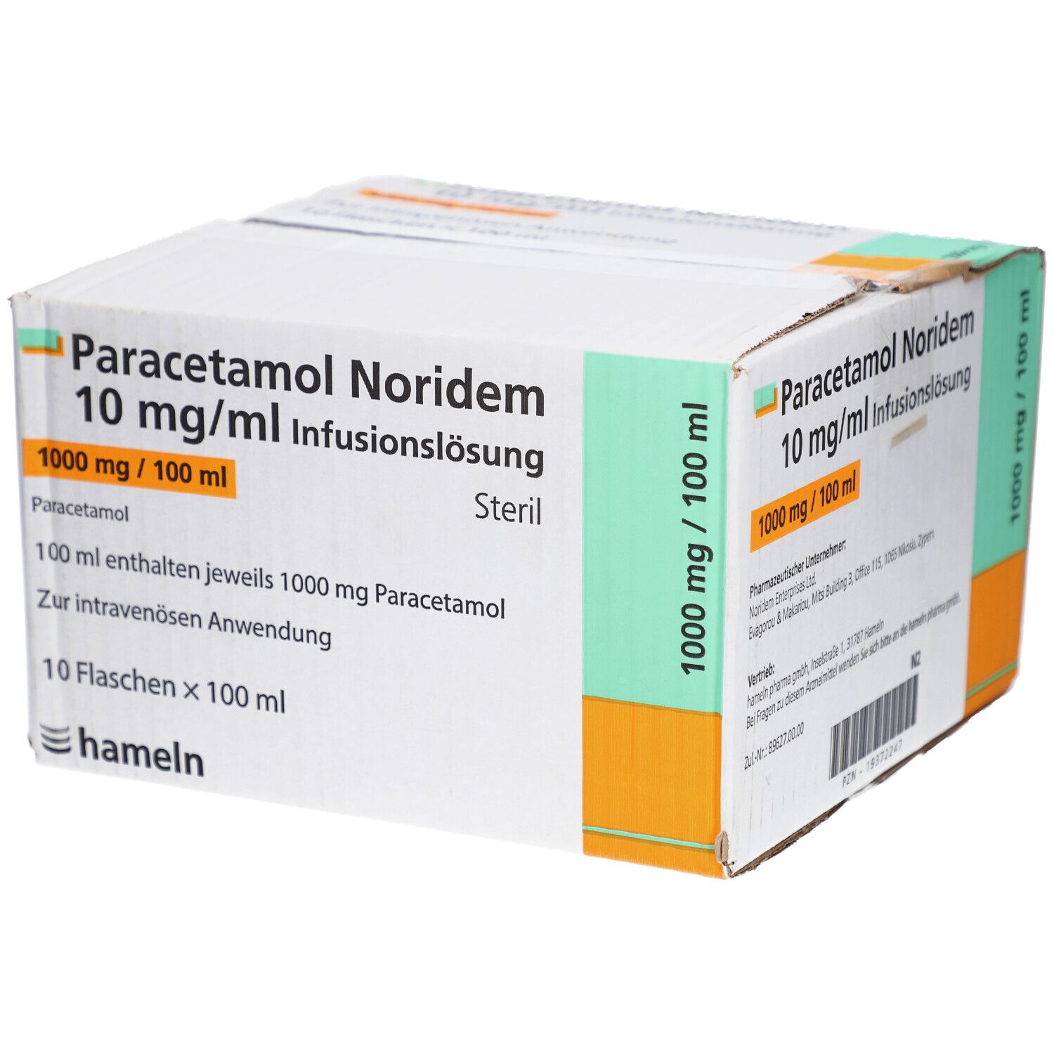 Karton mit Paracetamol Noridem Infusionslösung. Aufdrucke: 10 mg/ml, 1000 mg/100 ml, steril. 10 Flaschen x 100 ml.