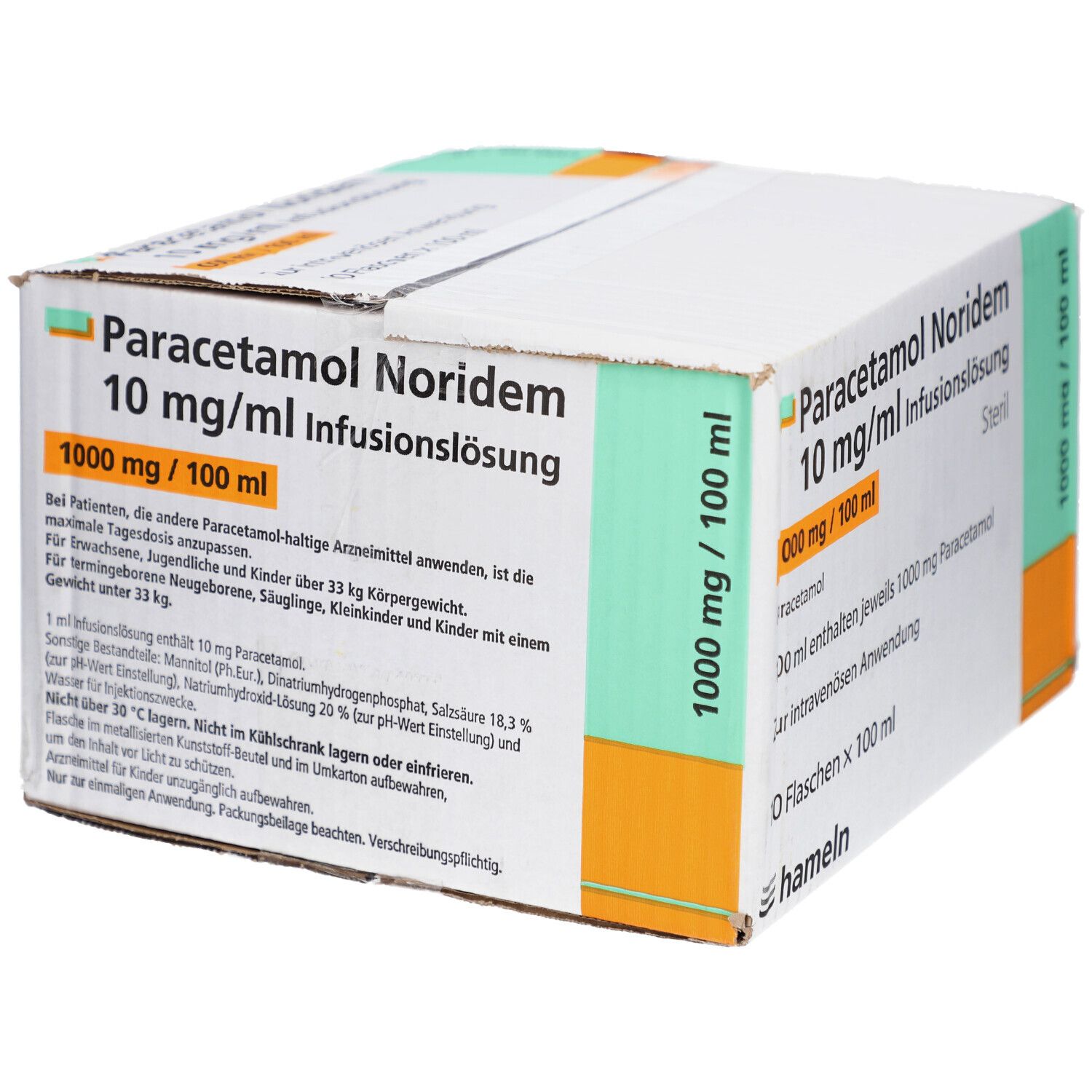 Karton Paracetamol Noridem Infusionslösung. Aufdrucke: 10 mg/ml, 1000 mg/100 ml, steril. Text über Anwendung und Inhaltsstoffe.
