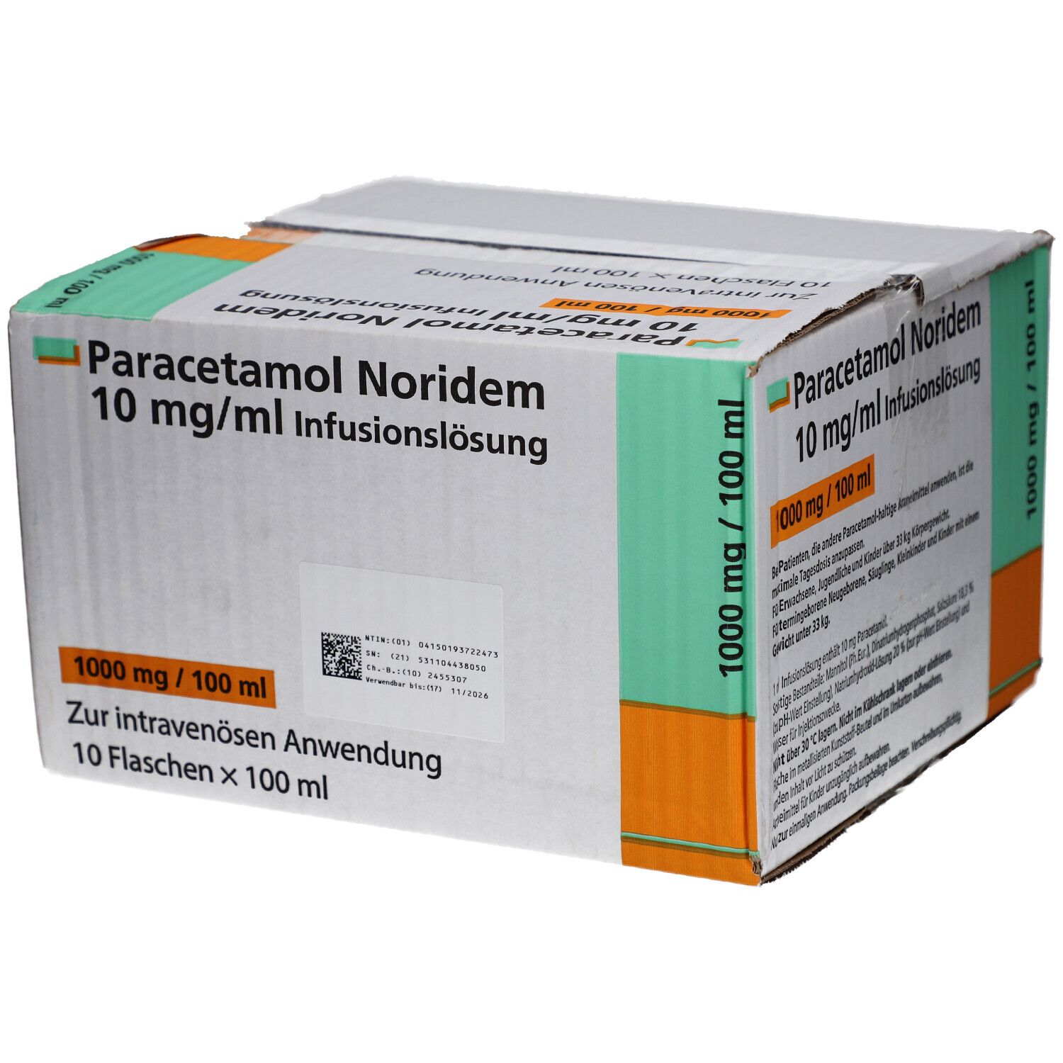 Karton Paracetamol Noridem Infusionslösung. Aufdrucke: 10 mg/ml, 1000 mg/100 ml, steril. Mit Barcode und Chargennummer.