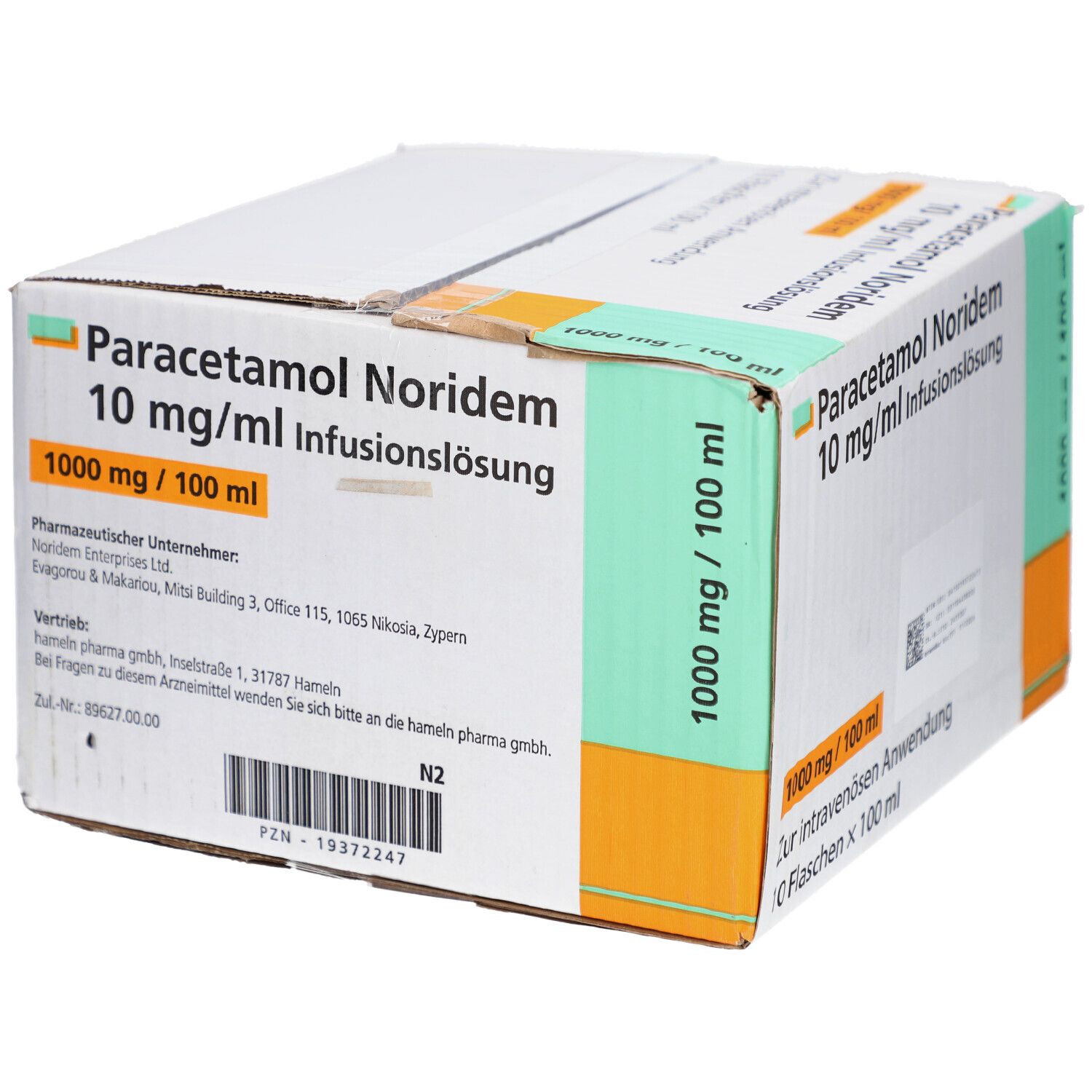 Karton Paracetamol Noridem Infusionslösung. Aufdrucke: 10 mg/ml, 1000 mg/100 ml, steril. Herstelleradresse und Kontaktinformationen.
