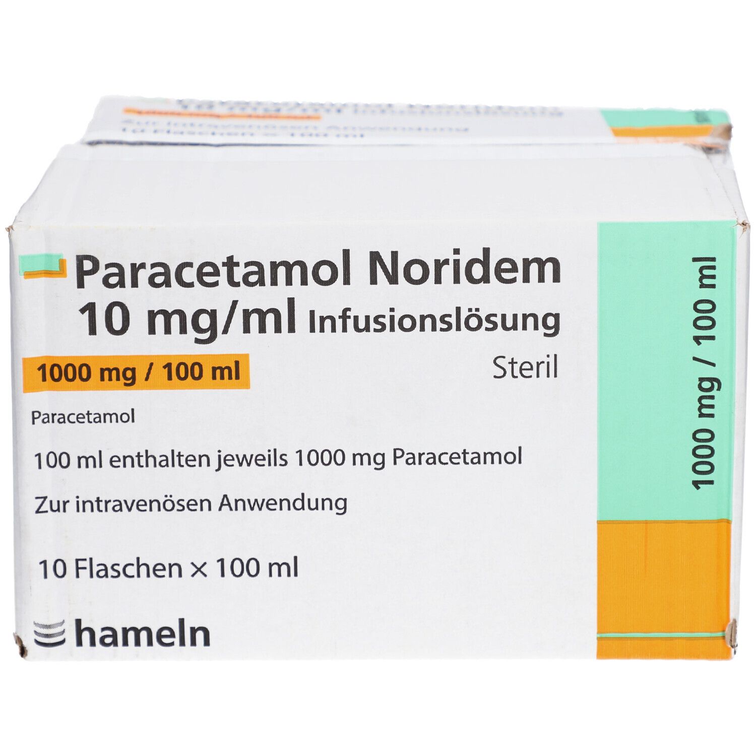 Karton Paracetamol Noridem Infusionslösung. Aufdrucke: 10 mg/ml, 1000 mg/100 ml, steril. 10 Flaschen x 100 ml. Hameln-Logo.