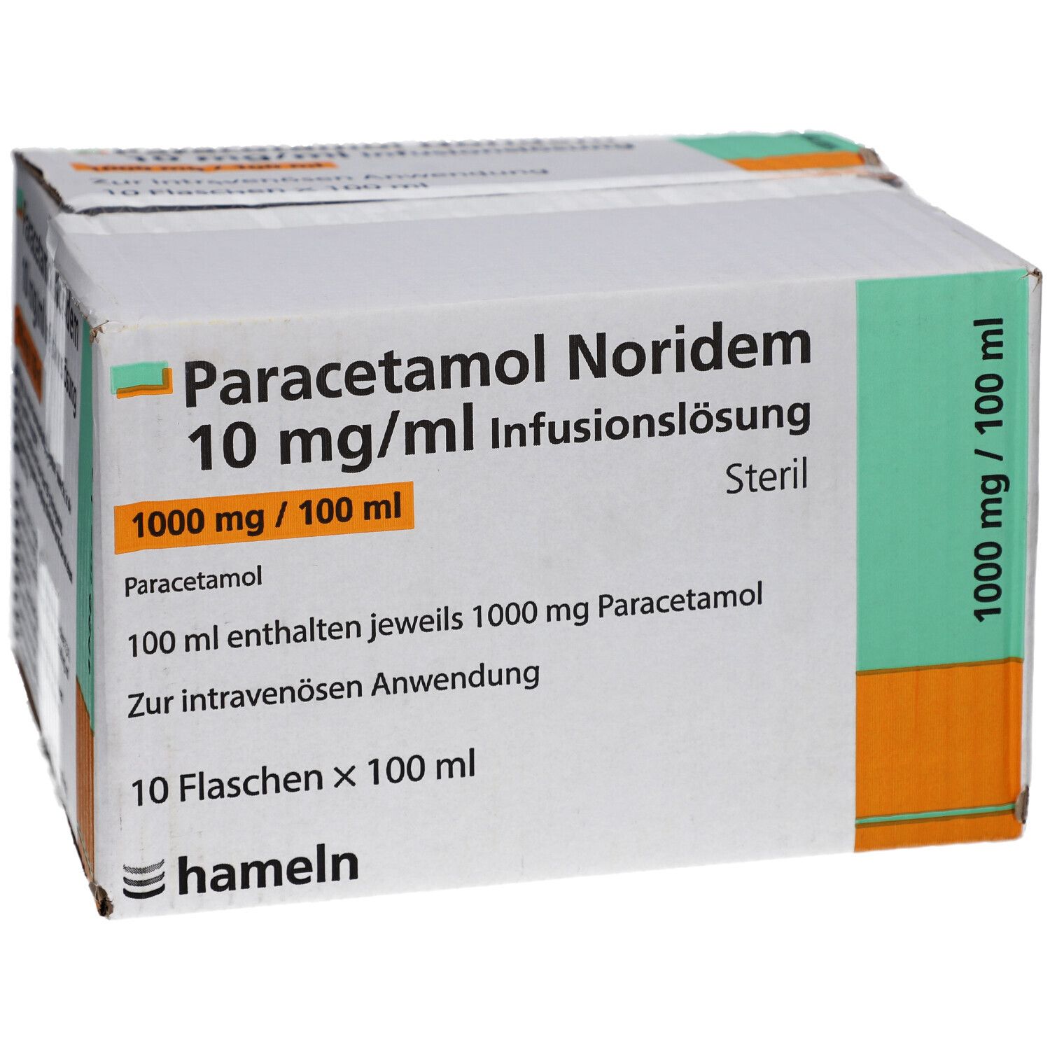 Karton Paracetamol Noridem Infusionslösung. Aufdrucke: 10 mg/ml, 1000 mg/100 ml, steril. 10 Flaschen x 100 ml. Hameln-Logo.