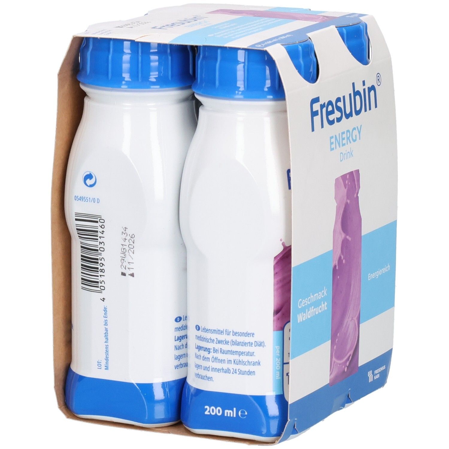 Fresubin Energy Drink, 4er Packung, Rückseite mit Nährwertangaben.