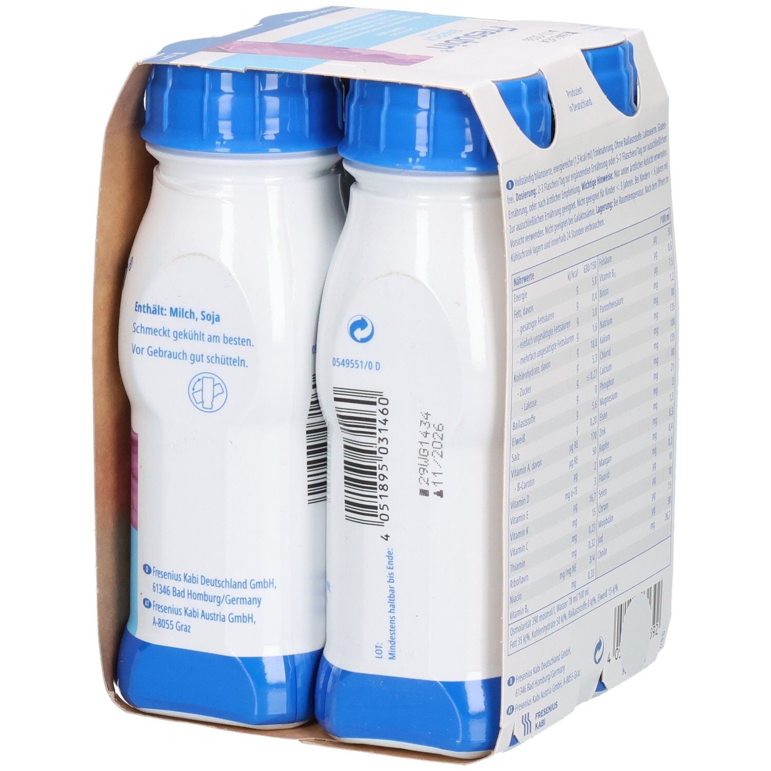 Fresubin Energy Drink, 4er Packung, Seitenansicht mit Inhaltsstoffen.