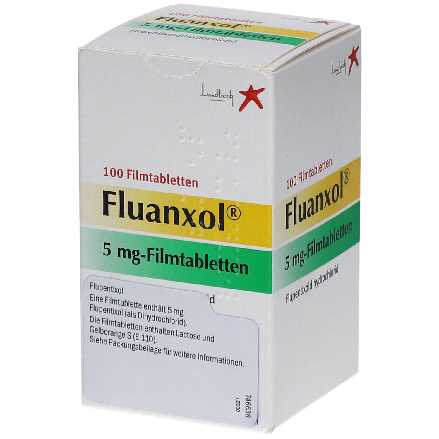 Schachtel mit FLUANXOL 5 mg Filmtabletten. Aufschrift: 100 Filmtabletten, Fluanxol, 5 mg-Filmtabletten. Herstellerlogo.