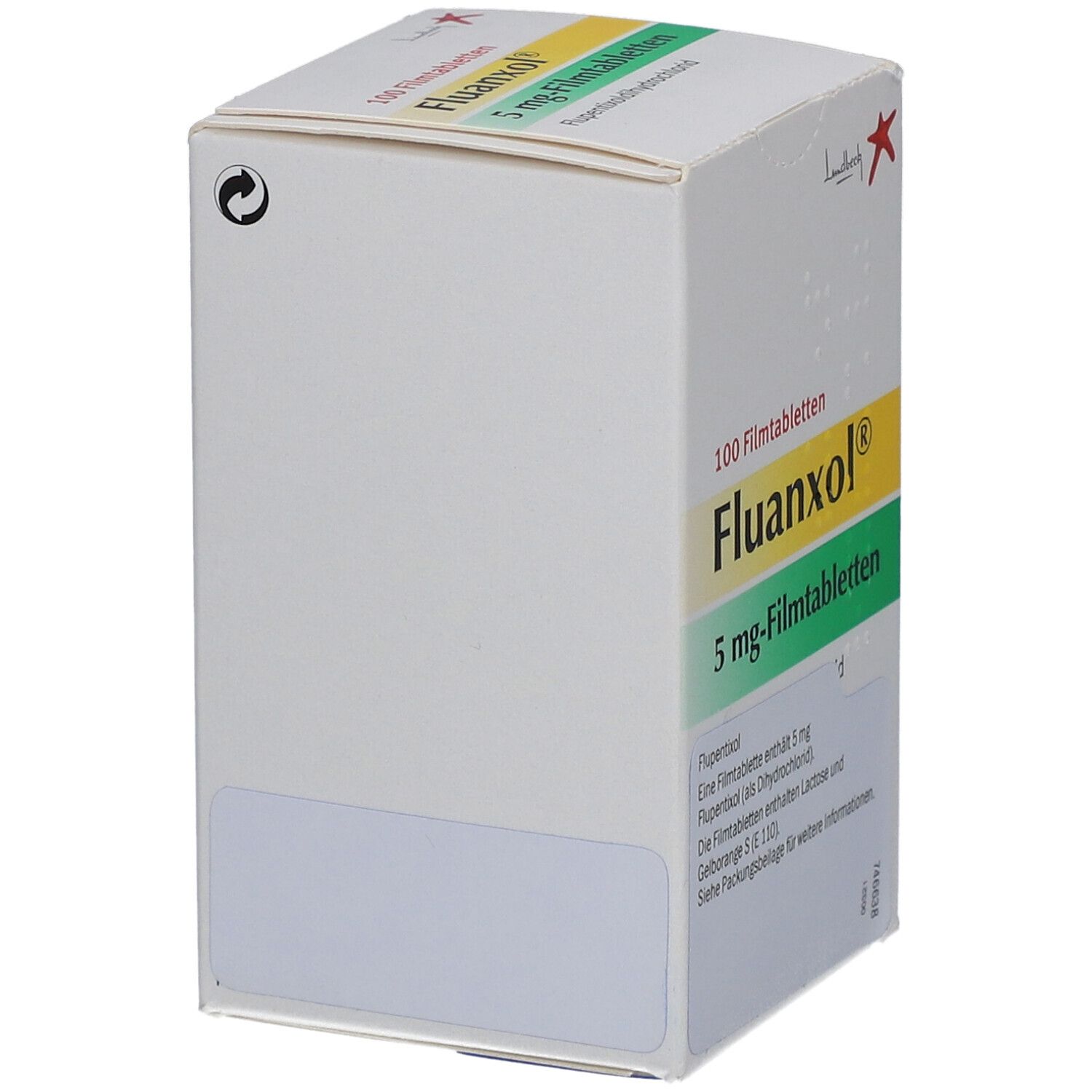 Weiße Schachtel mit FLUANXOL 5 mg Filmtabletten. Aufschrift: 100 Filmtabletten, Fluanxol, 5 mg-Filmtabletten. Herstellerlogo.