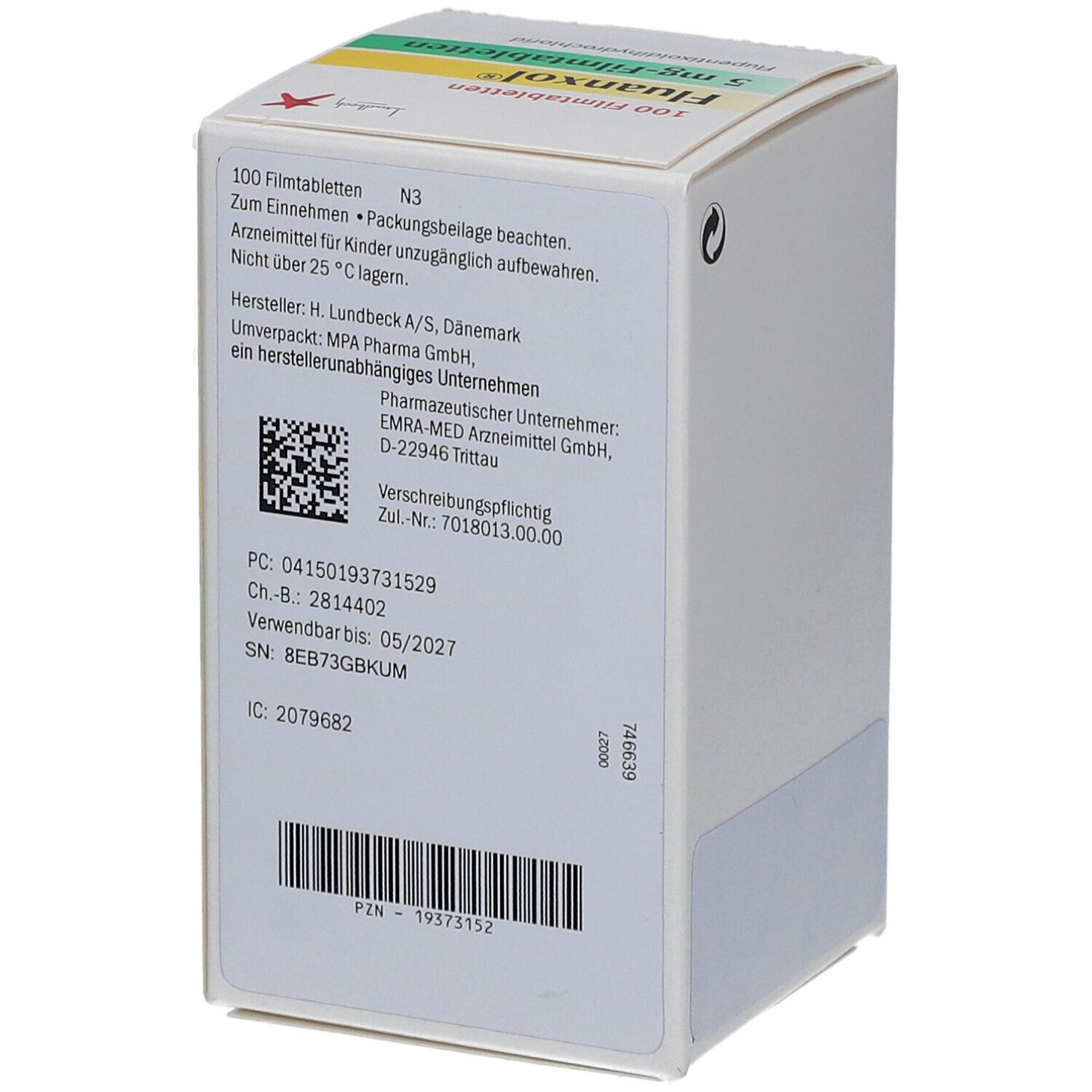 Rückseite der Schachtel mit FLUANXOL 5 mg Filmtabletten. Enthält Informationen wie Hersteller, Chargennummer und Verfallsdatum.