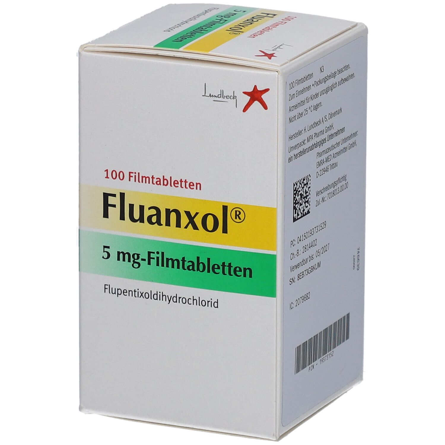 Schachtel mit FLUANXOL 5 mg Filmtabletten. Aufschrift: 100 Filmtabletten, Fluanxol, 5 mg-Filmtabletten. Herstellerlogo.