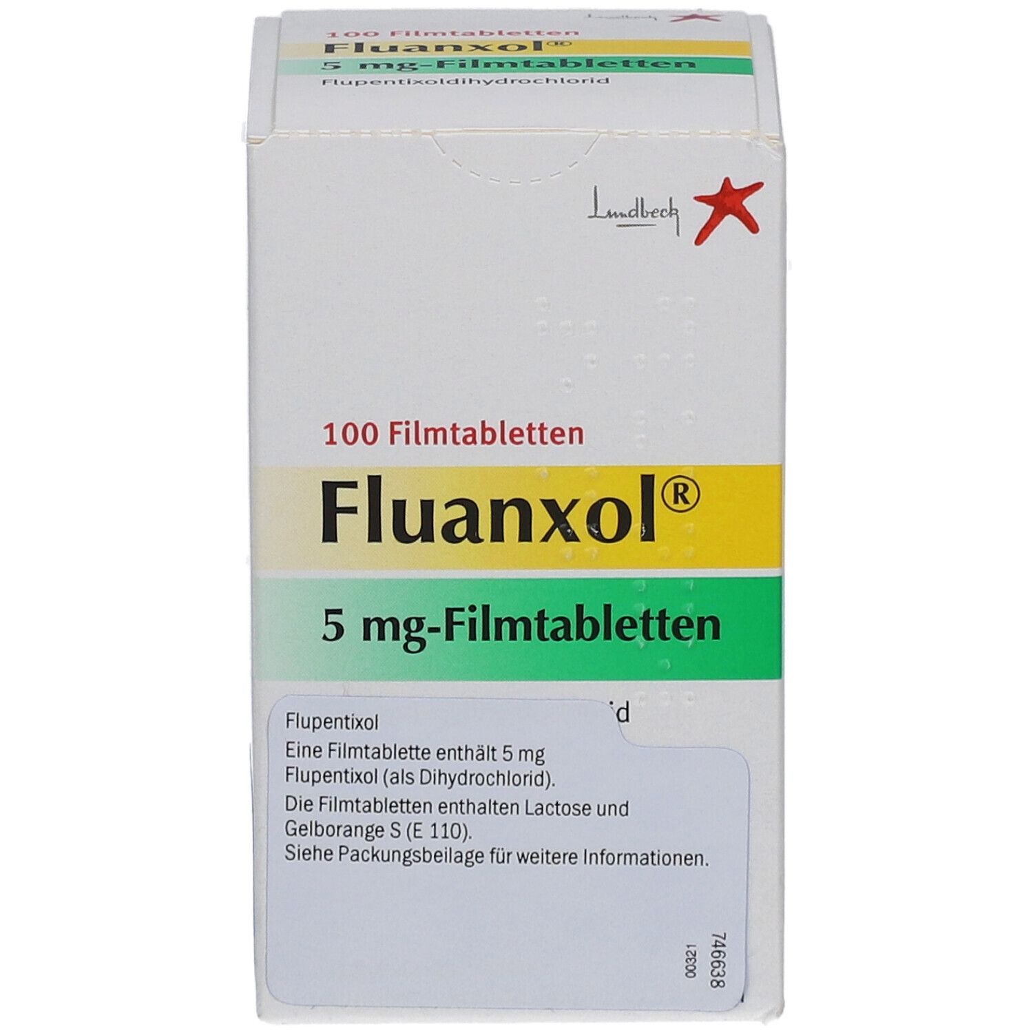 Schachtel mit FLUANXOL 5 mg Filmtabletten. Aufschrift: 100 Filmtabletten, Fluanxol, 5 mg-Filmtabletten. Herstellerlogo.