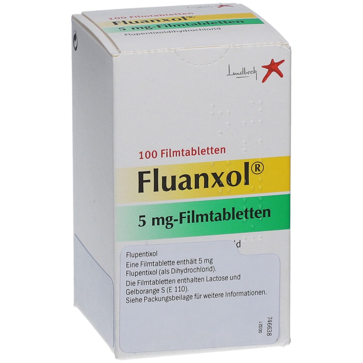 Schachtel mit FLUANXOL 5 mg Filmtabletten. Aufschrift: 100 Filmtabletten, Fluanxol, 5 mg-Filmtabletten. Herstellerlogo.