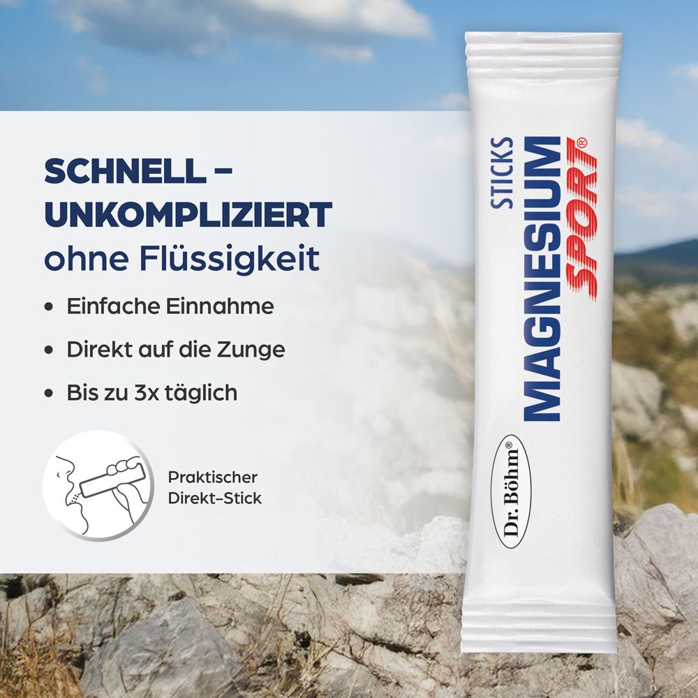 Einzelner Stick Dr. Böhm Magnesium Sport. Text: Schnell - unkompliziert ohne Flüssigkeit. Einfache Einnahme.