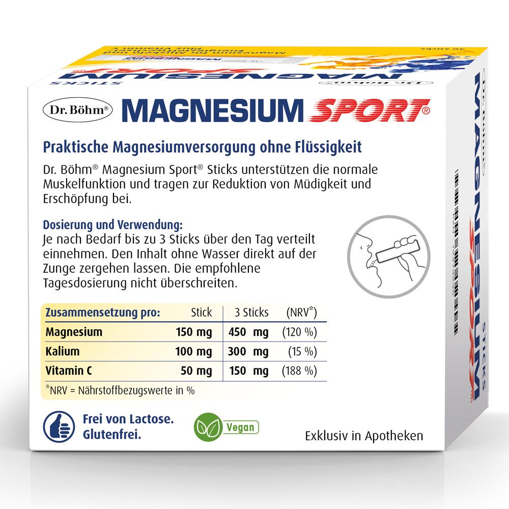 Rückseite der Schachtel. Text: Praktische Magnesiumversorgung ohne Flüssigkeit. Inhaltsangaben pro Stick und 3 Sticks.